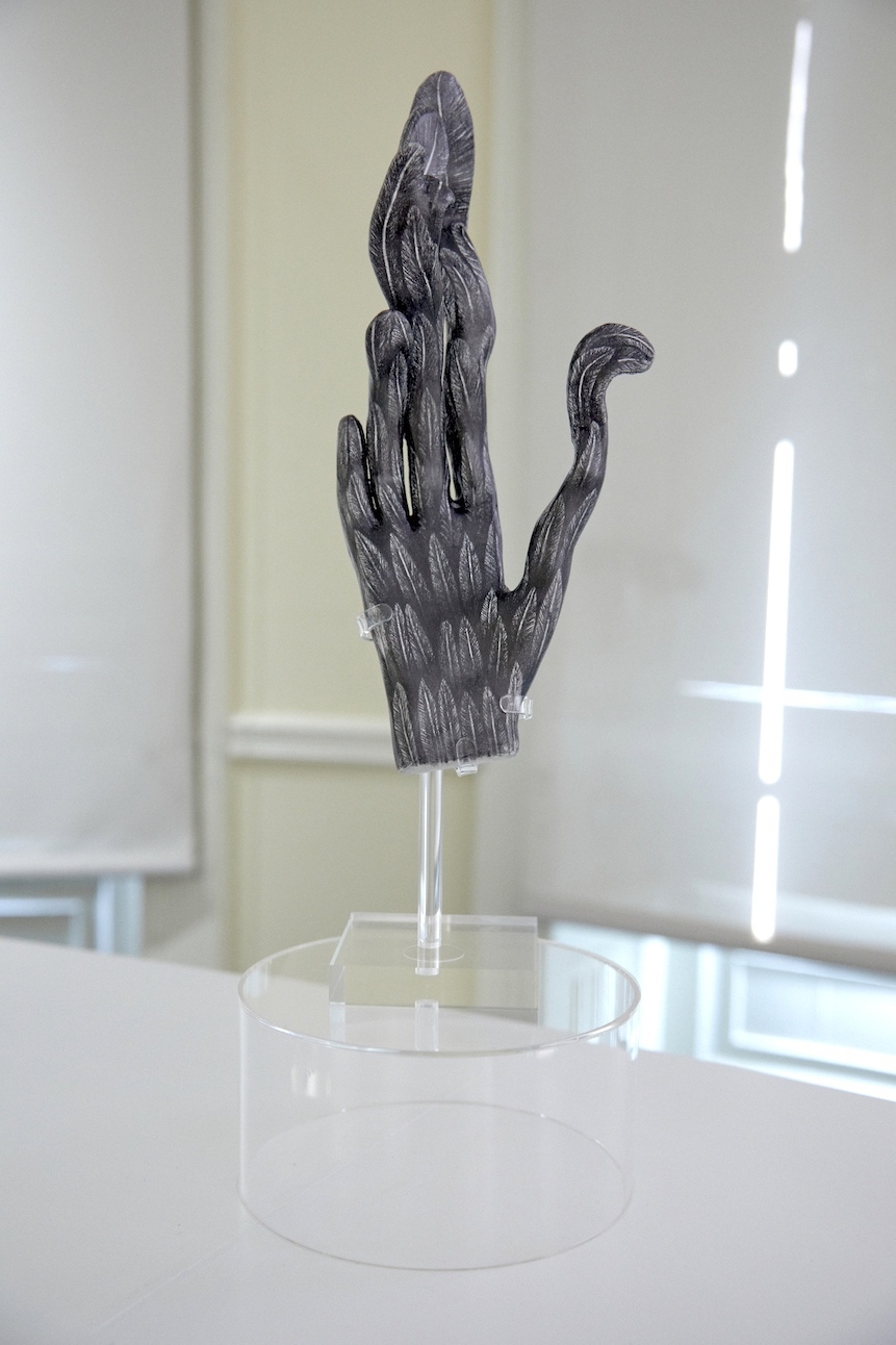 Marianne Walker, The Metamorphosis of Amy J, 2022, pencil on sculpted paperclay 36 x 14 x 9cm