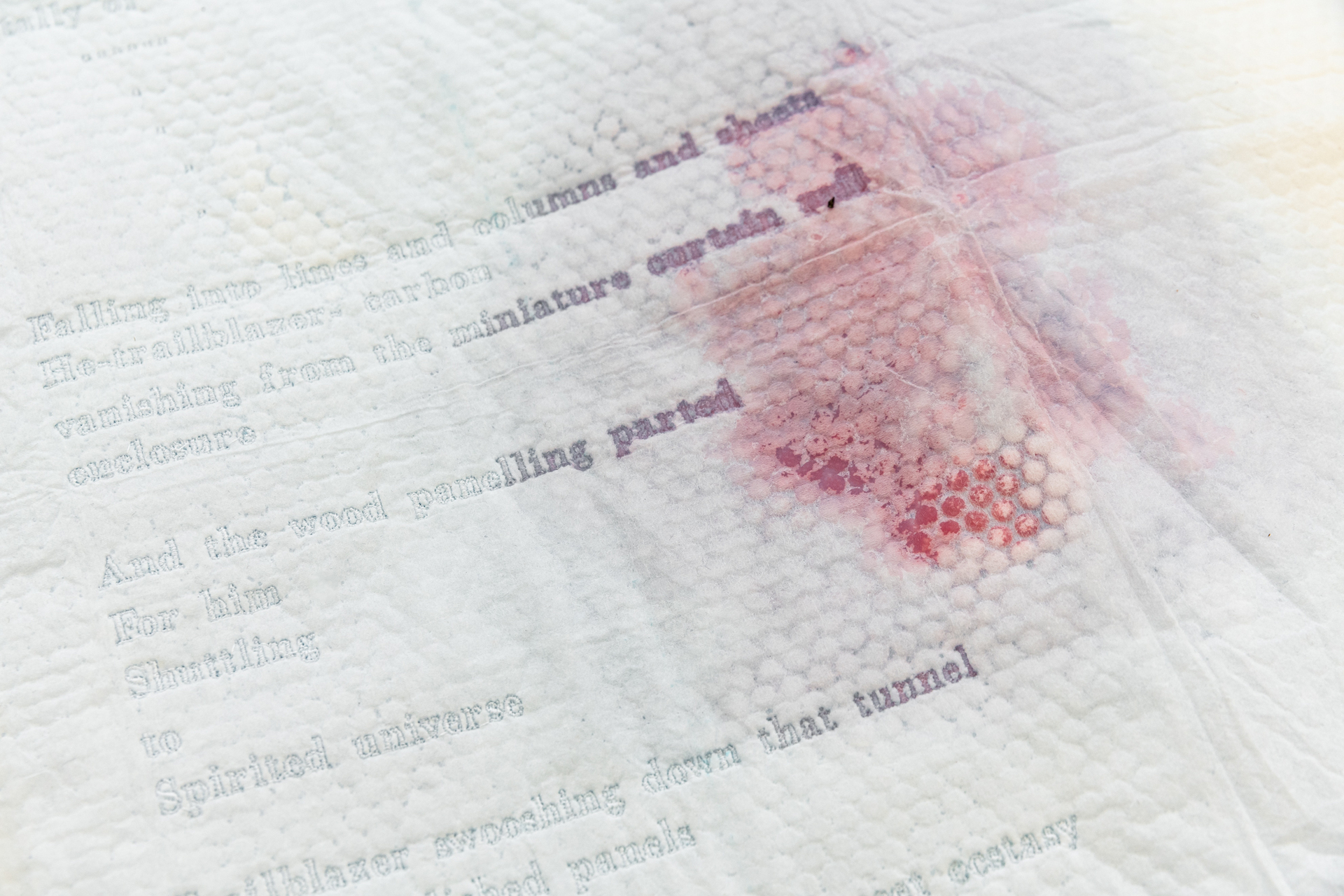 Laura Ní Fhlaibhín, "A tally of carbon mounts" (detail), 2022, bronze cast fungus, twin engine oil bottles, stainless steel chain, stainless steel carabiners, stainless steel sheet, carbon, wood ash, digitally embroidered poem by the artist on pile of incontinence bed-pads
