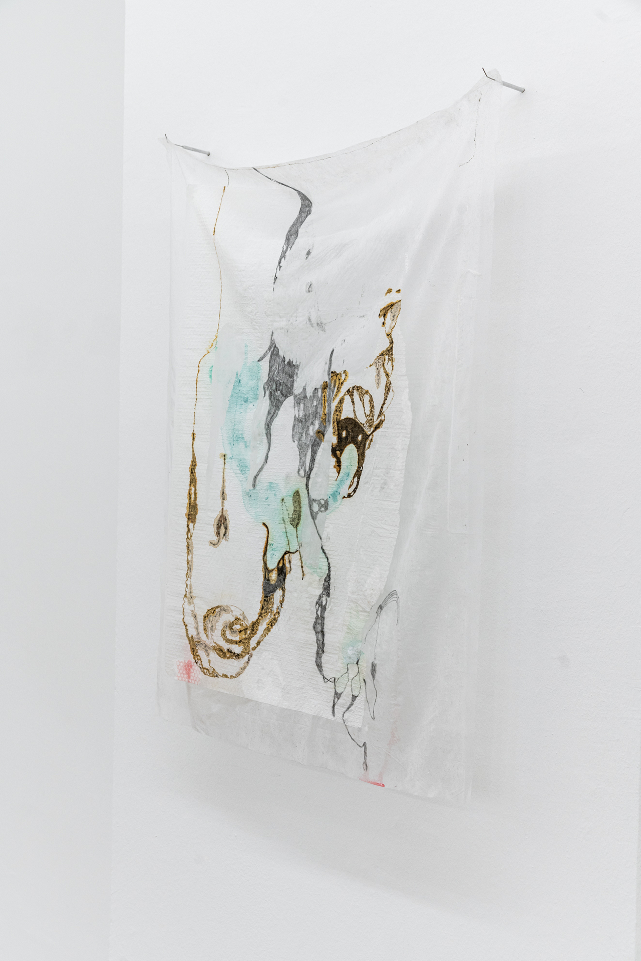 Laura Ní Fhlaibhín, "Toe suckers and seekers", 2021, carbon, oak gall ink, KY lubricating jelly, twin engine oil, copper wire salt and vinegar ink, graphite pencil, incontinence bed-pad, stainless steel surgical seekers, 90 x 61 x 10 cm