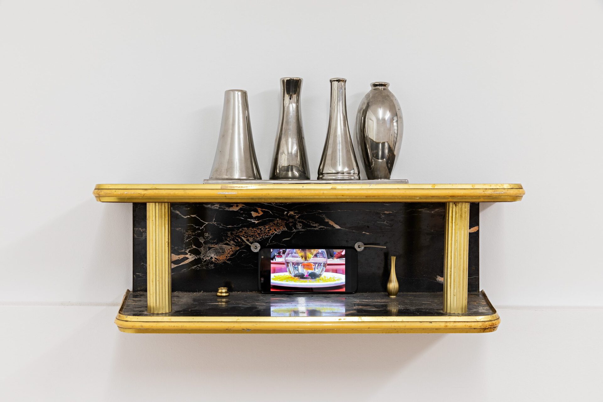 Michelle Chang Qin Beast of Burden, 2022 Wood, vase, candle-wig incense-holder, phone 11 1/8 x 23 5/8 x 7 1/2 in 28 x 60 x 19 cm