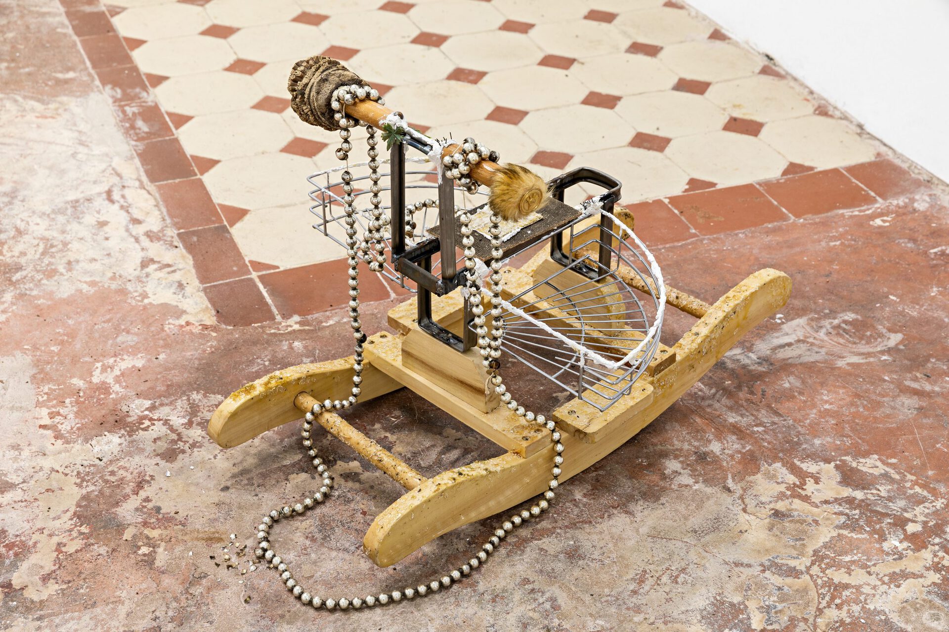 Michelle Chang Qin rattle, 2022 Rocking horse, shower basket, root, faux fur, plaster, wire, carpet lining, synthetic plant, plastic beads, oatmeal 26 x 19 3/4 x 16 1/2 in 66 x 50 x 42 cm