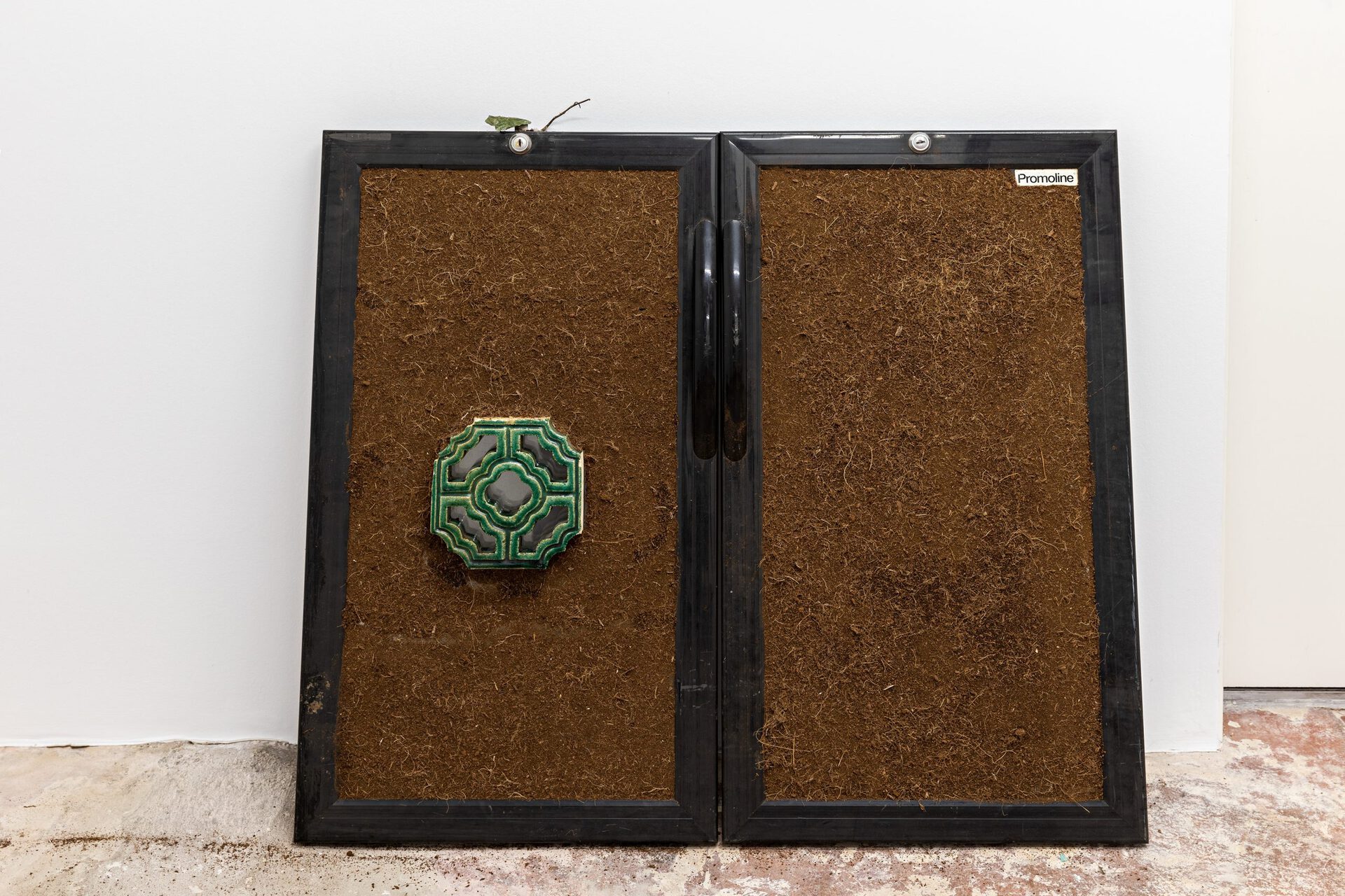 Michelle Chang Qin untitled (Promoline), 2022 Glass panels, soil, tile 11 3/8 x 35 3/8 x 1 5/8 in 29 x 90 x 4 cm