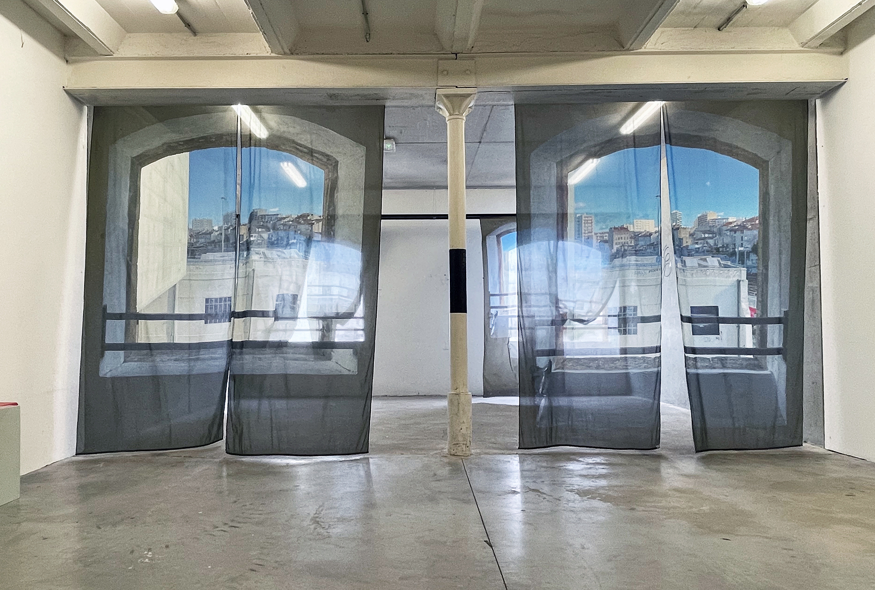 BLESS, Curtain with a view, 2022, curatains for two windows, cotton, iron