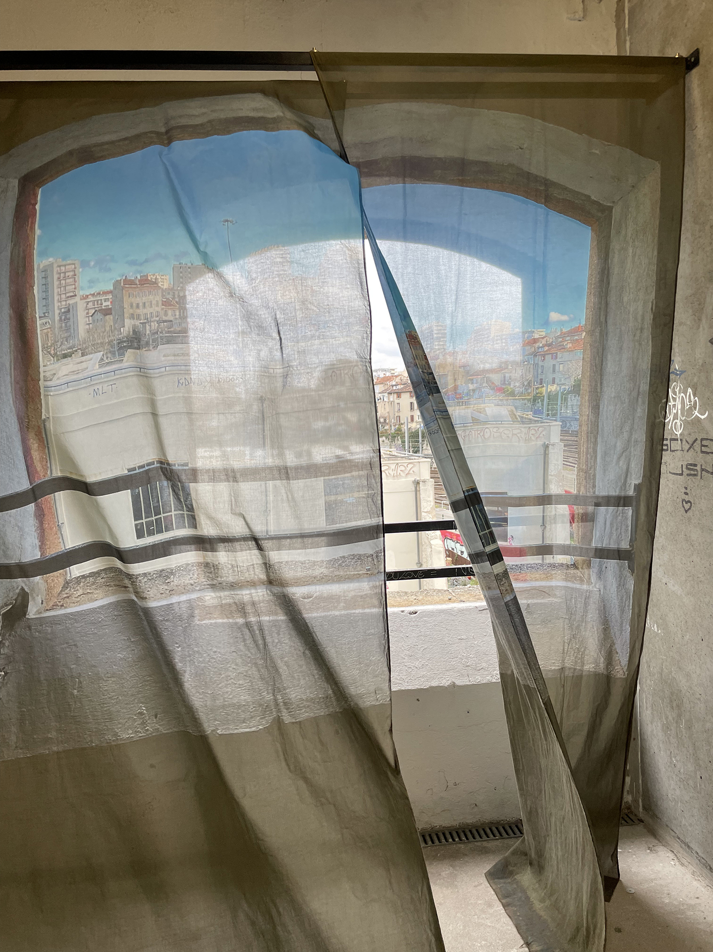 BLESS, Curtain with a view, 2022, curatains for two windows, installation view