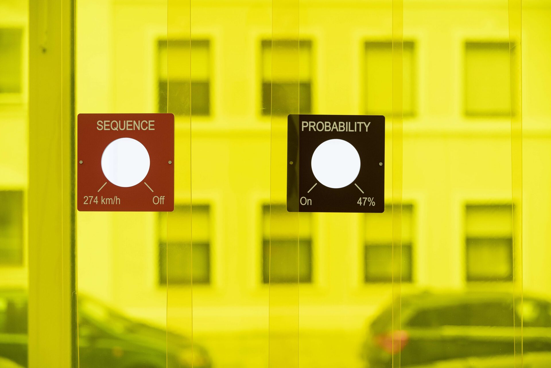 James Lewis - Hinge Haze (simulation, Probability, Sequence), 2022, polyvinyl chloride (PVC), steel, aluminium, plastic, variable dimensions