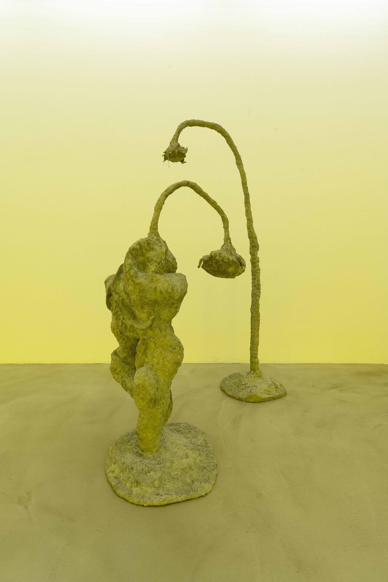 James Lewis - Not just suffering, but all forms of consciousness - Left (Reabsorb), 2022, wood, plaster bandage, concrete, steel, 136x78x80 cm. Right (Rekindle), 2022, wood, plaster bandage, concrete, steel, 186x42x77 cm