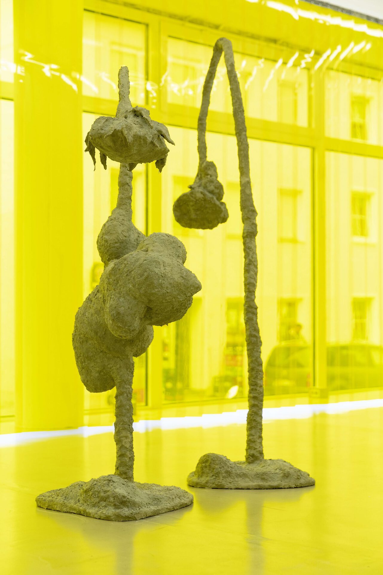 James Lewis - Not just suffering, but all forms of consciousness - Left (Redeem), 2022, wood, plaster bandage, concrete, steel, 148x58x85 cm. Right (Resend), 2022, wood, plaster bandage, concrete, steel, 209x78x102 cm