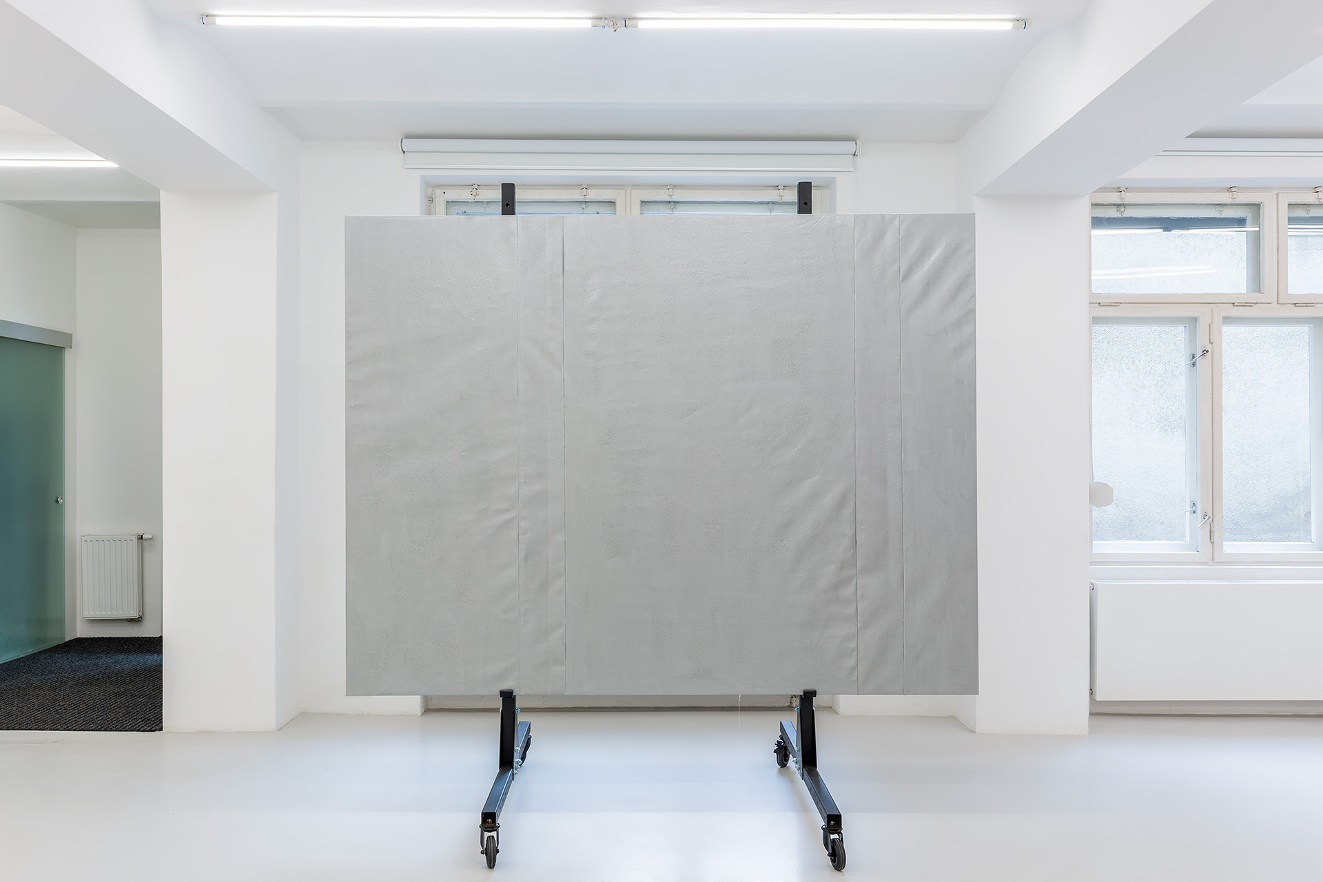 Krzysztof Mętel, Untitled (8), 2022, oil, enamel, canvas, 180 x 240 cm, relay stick, 1996, brushed aluminum, 29.6 x 3.7 cm