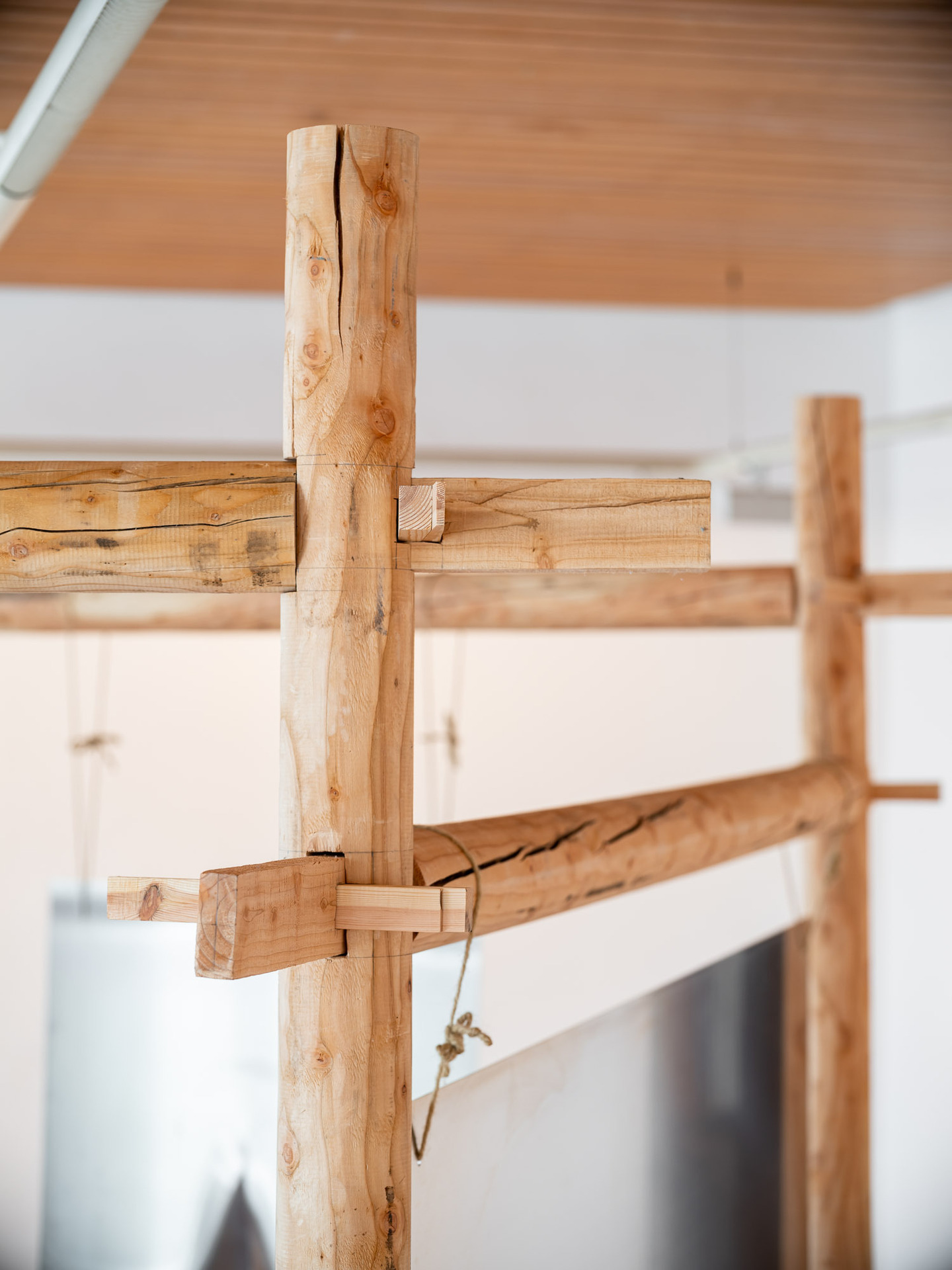 Ellen Martine Heuser, Mausoleum (2018 / 2022), Solid larch wood (cylindrically cut), aluminum plates, rope (290 x 460 x 460 cm), detail