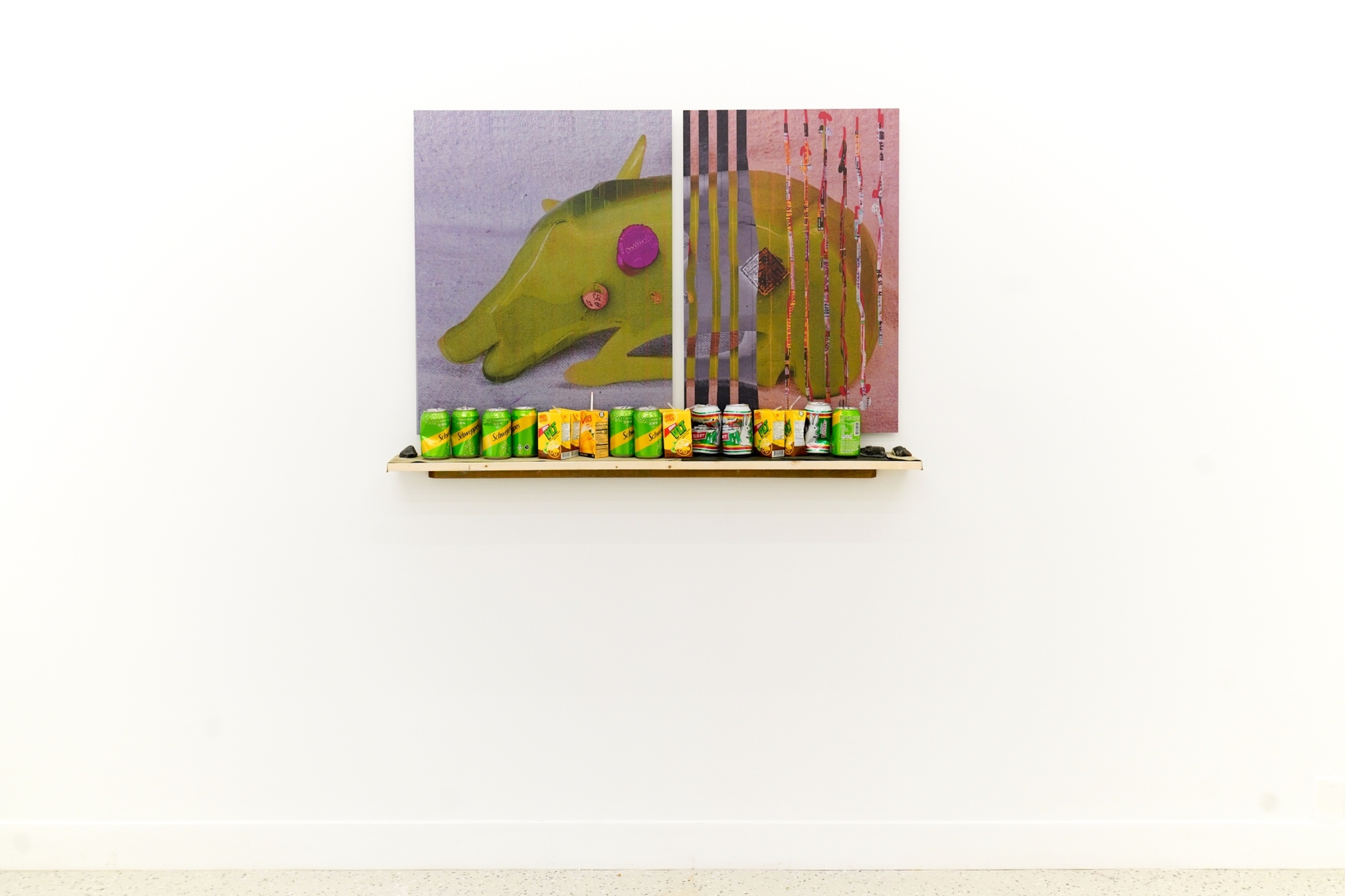 Marisa Kriangwiwat Homes, Big Phony Jade, 2022, dibond print, wood, leather, juice boxes, 30x42 in