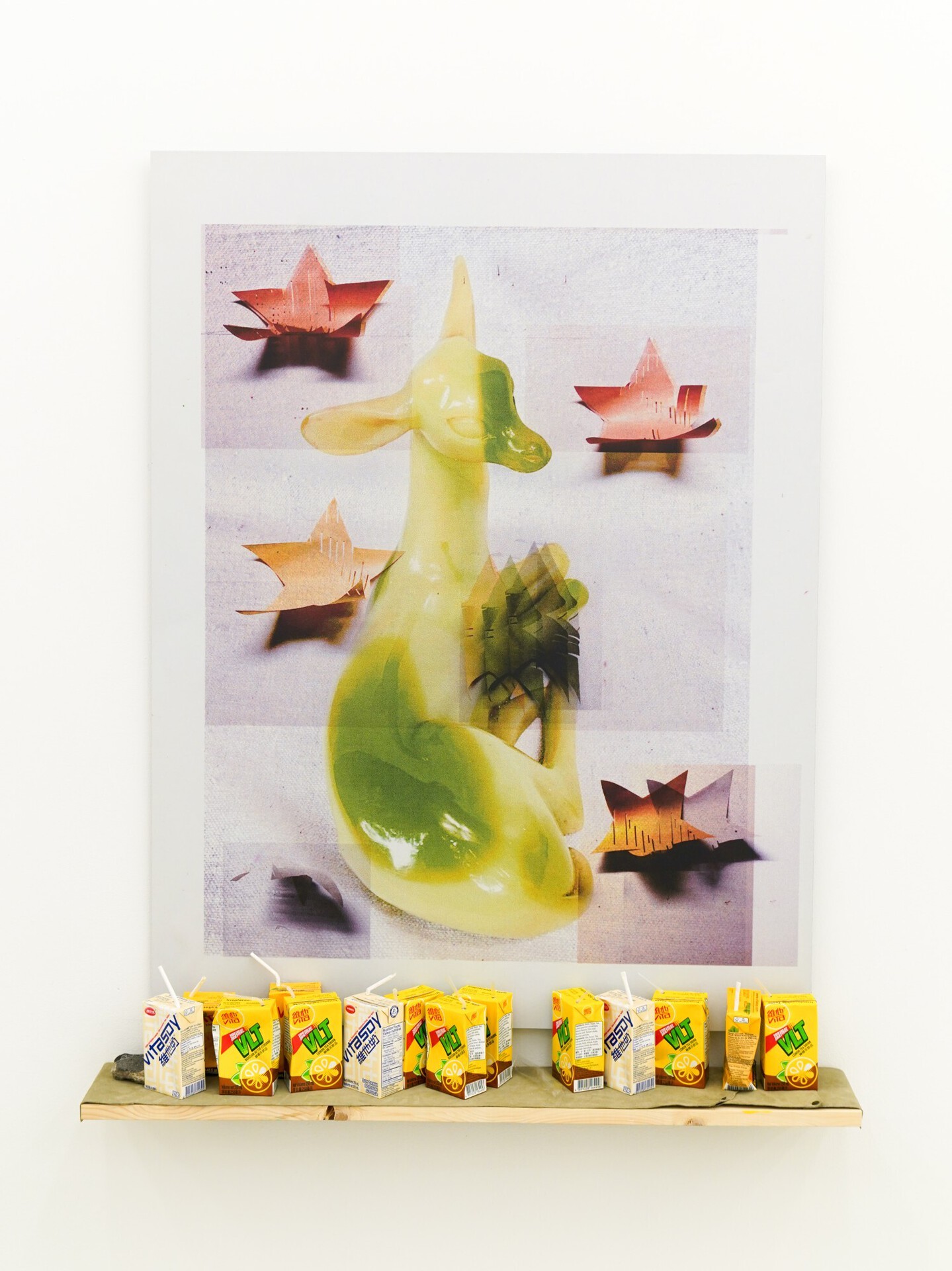 Marisa Kriangwiwat Homes, Weaker Star, 2022, dibond print, wood, leather, juice boxes, 42x32 in