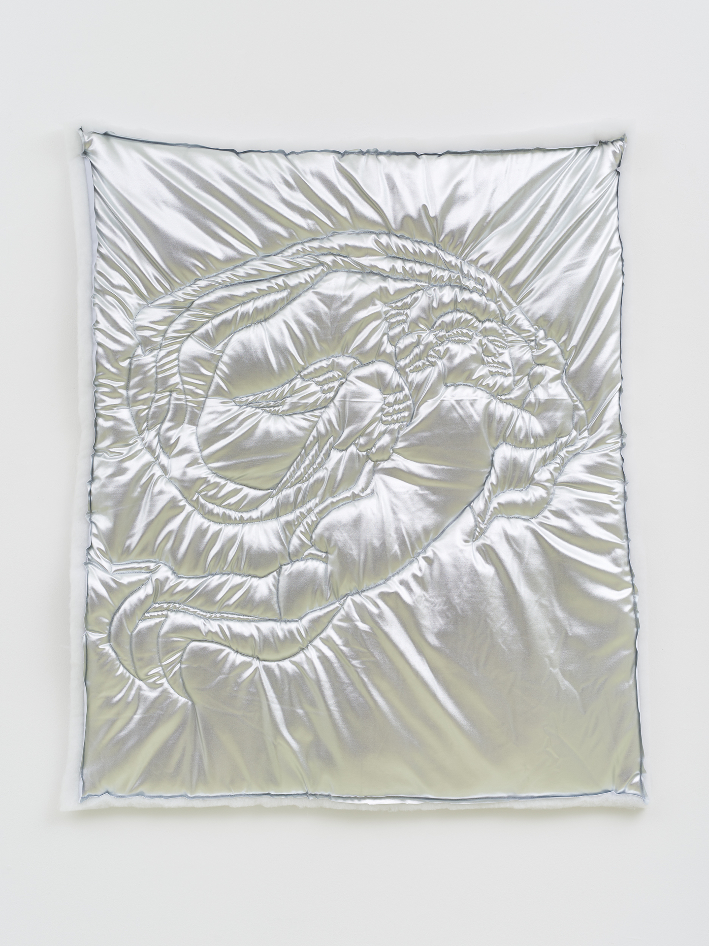 Shamiran Istifan, Maryam I, 2022, Metallic jersey, wadding, lining, thread, 107 x 97 x 5.5 cm. Courtesy the artist and Moarain House, London Photo: Theo Christelis