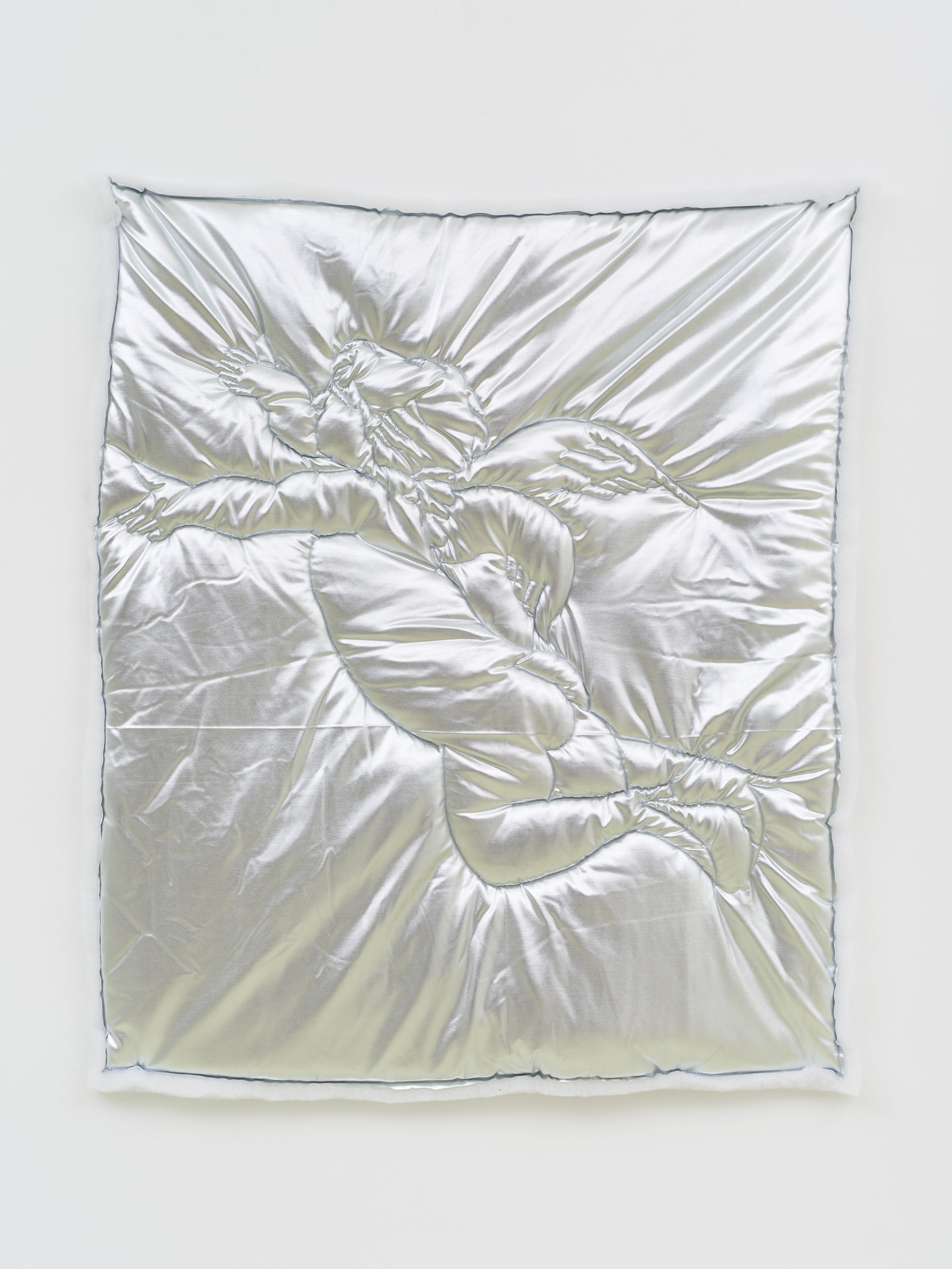 Shamiran Istifan, Maryam III, 2022, Metallic jersey, wadding, lining, thread, 109 x 95 x 4 cm. Courtesy the artist and Moarain House, London Photo: Theo Christelis
