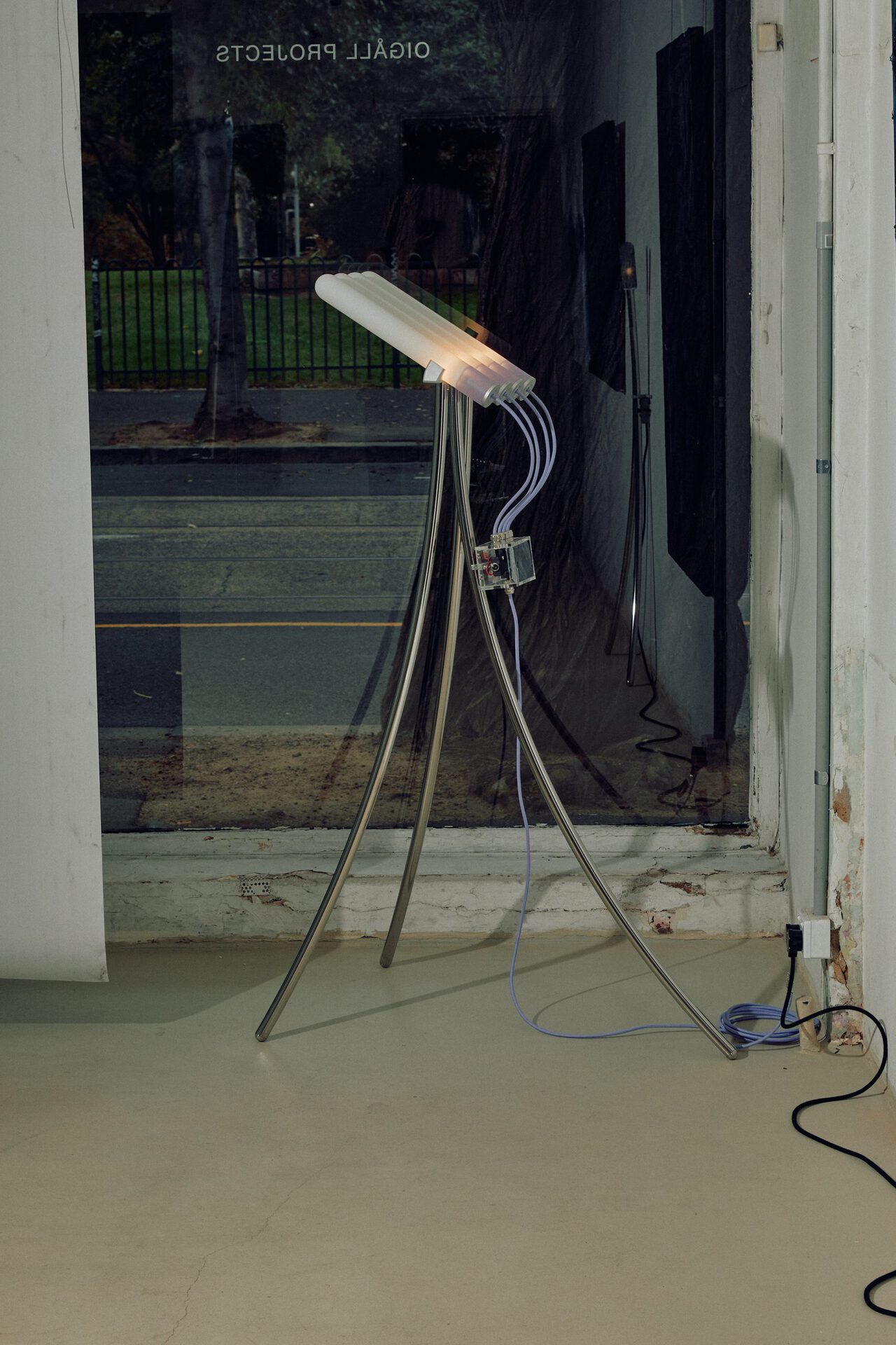 Jay Jermyn, Fauna Lilac, 2022, Glass, Stainless Steel, Aluminium, crystals, Electronics, 140 x 60 x 100cm