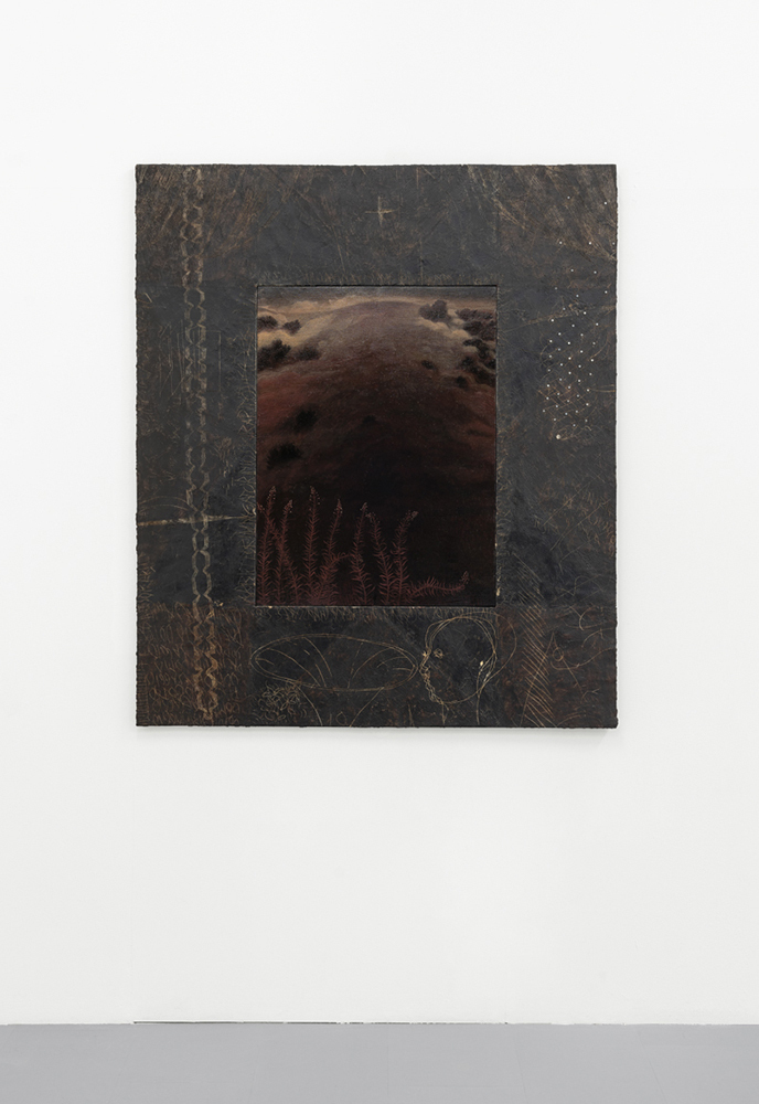 Stefano Cecatiello, Untitled II (2022), oil and shellac on Canvas and tempera, wax, sawdust and nails on board, 140x120cm. Courtesy of the Artist and La Rada, Locarno.