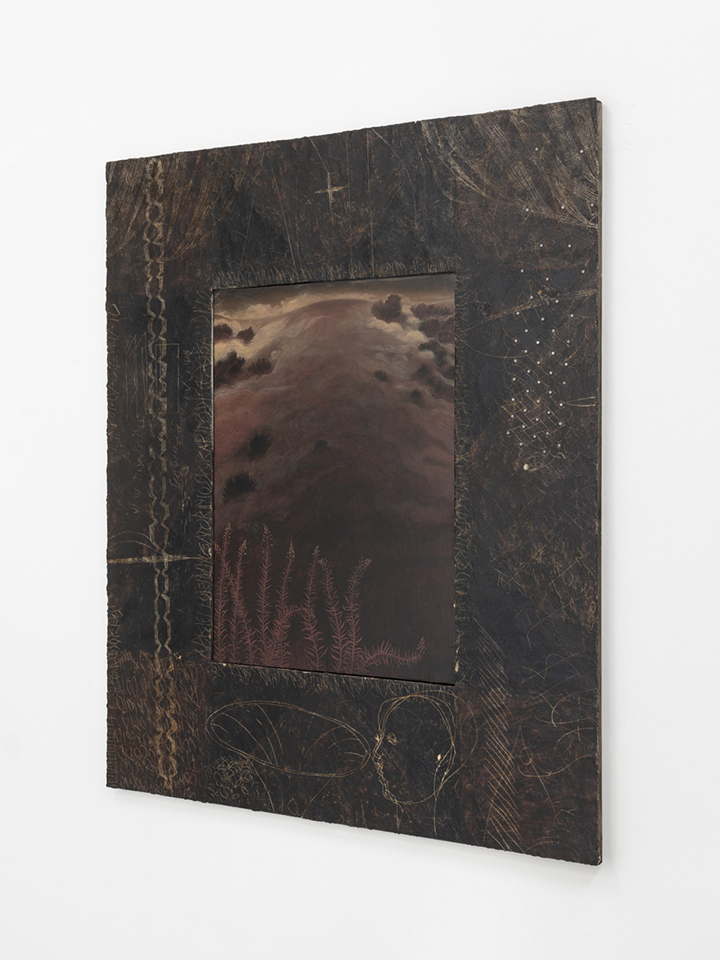 Stefano Cecatiello, Untitled II (2022), oil and shellac on Canvas and tempera, wax, sawdust and nails on board, 140x120cm. Courtesy of the Artist and La Rada, Locarno.