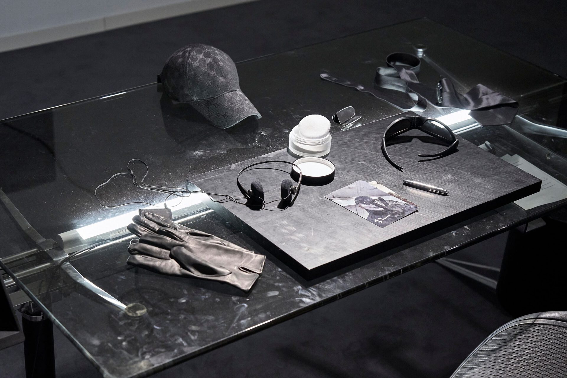 Julian-Jakob Kneer, ROSES ARE RED. VIOLETS ARE BLUE. THE POLICE WILL NEED DENTAL RECORDS TO IDENTIFY YOU. BITCH, 2022, Reworked Balenciaga hat, reworked Balenciaga sunglasses, gloves, cutting board, sunscreen, lacquer, variable dimensions