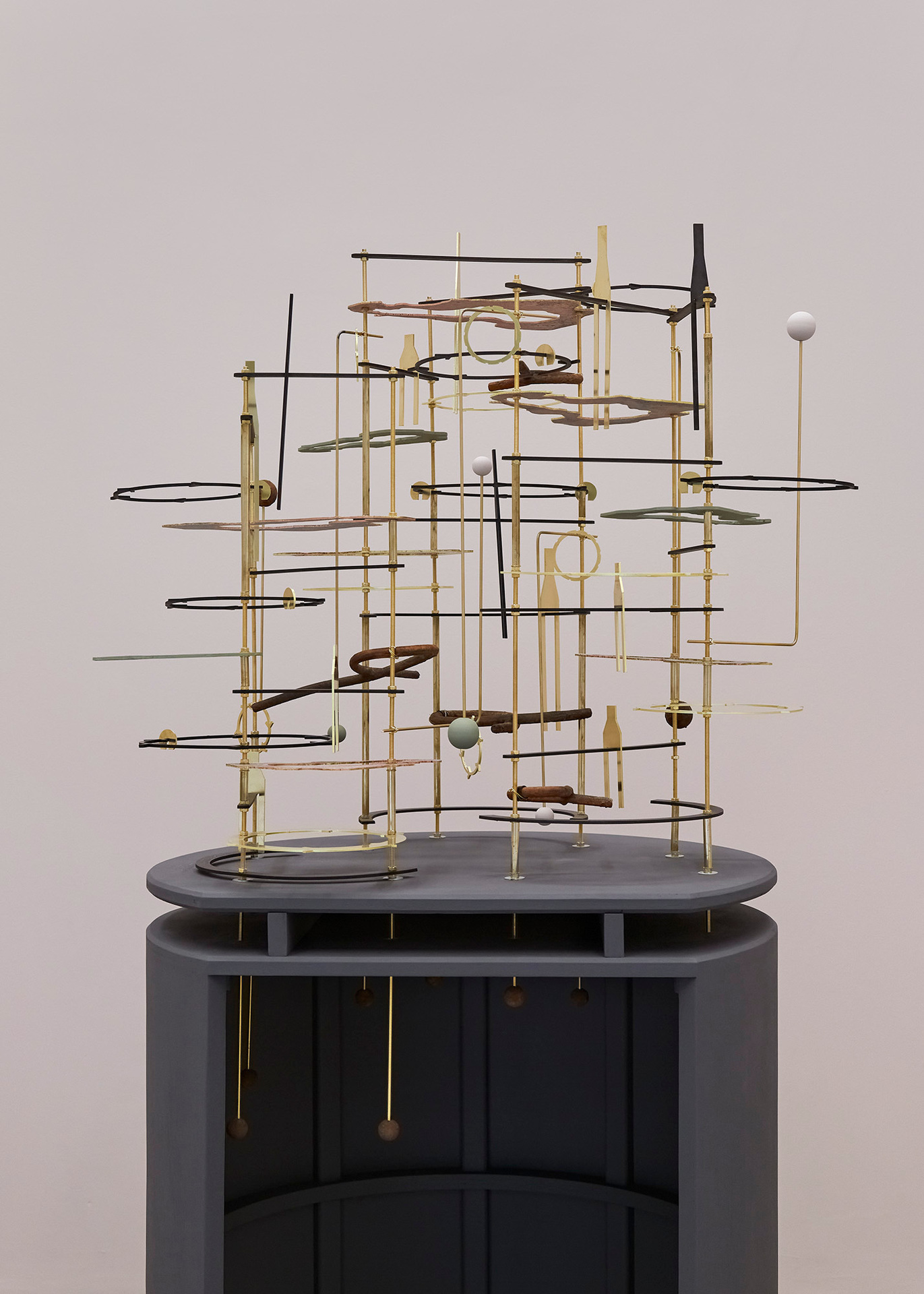 Claire Baily, The right time and place, 2022, Plywood, mdf, brass, household paint, wire, iron powder, 180 x 70 x 60 cm