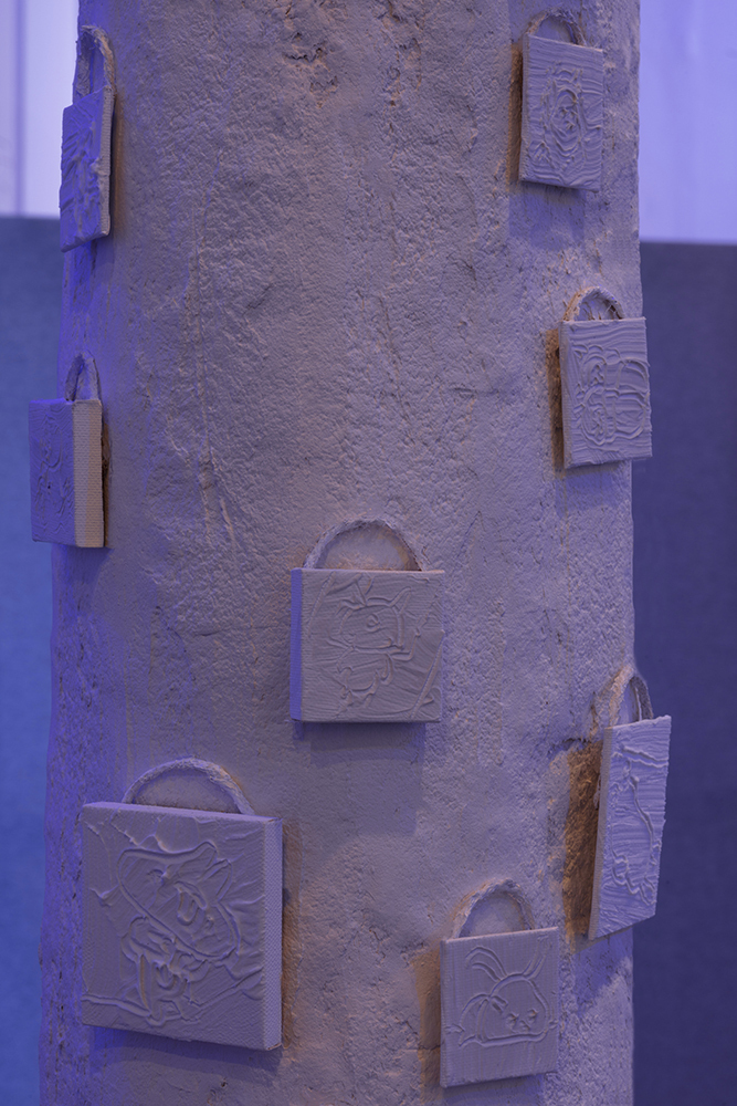 Alexander Muret, I am inconsistent and not to be relied upon, Paper mache, molding paste on canvas, jute, acrylic, 14 x 14 x 140 in. / 35 1/2 x 35 1/2 355 1/2 cm. (detail)