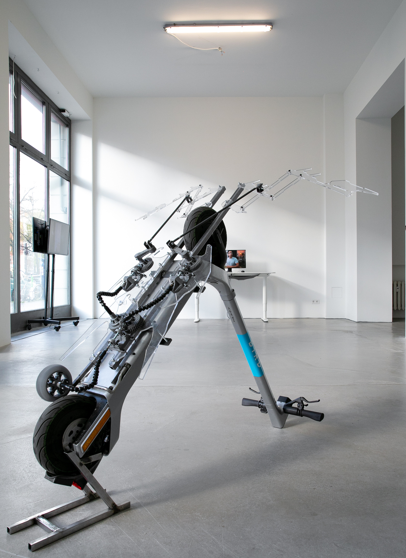 Maxim tur; Wen Want All Birds To Fly; 2022; ABS, PLA, Plexiglass, Metal, Bird 3 Scooter; 1500x1000x1200mm