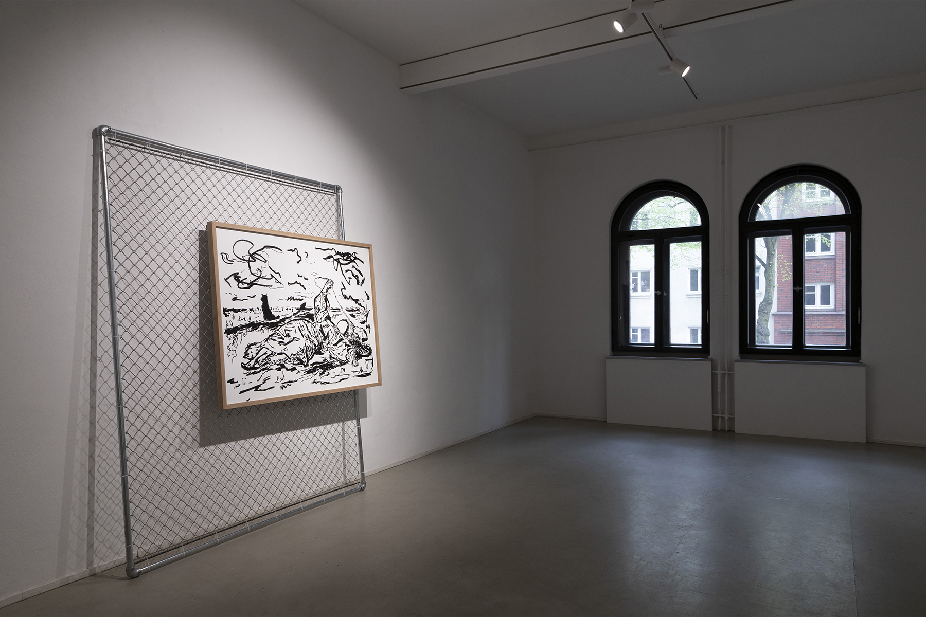 Conrad Hübbe, Liegende Figur, 2022, Oil and archival pigment print on paper, oak frame, chain link fence, steel pipes 120 × 160 cm and 250 × 200 cm