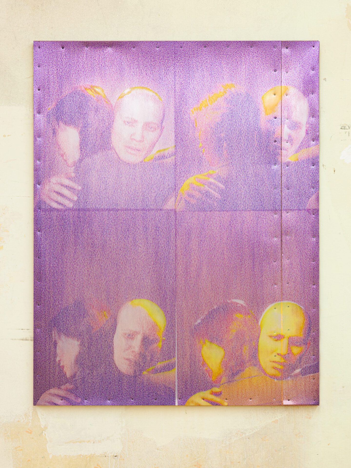 Malte Zander, Tash &amp; Kaspar Hugging, Aluminum, Acrylics, UV print on canvas, 125 x 98 cm, 2022