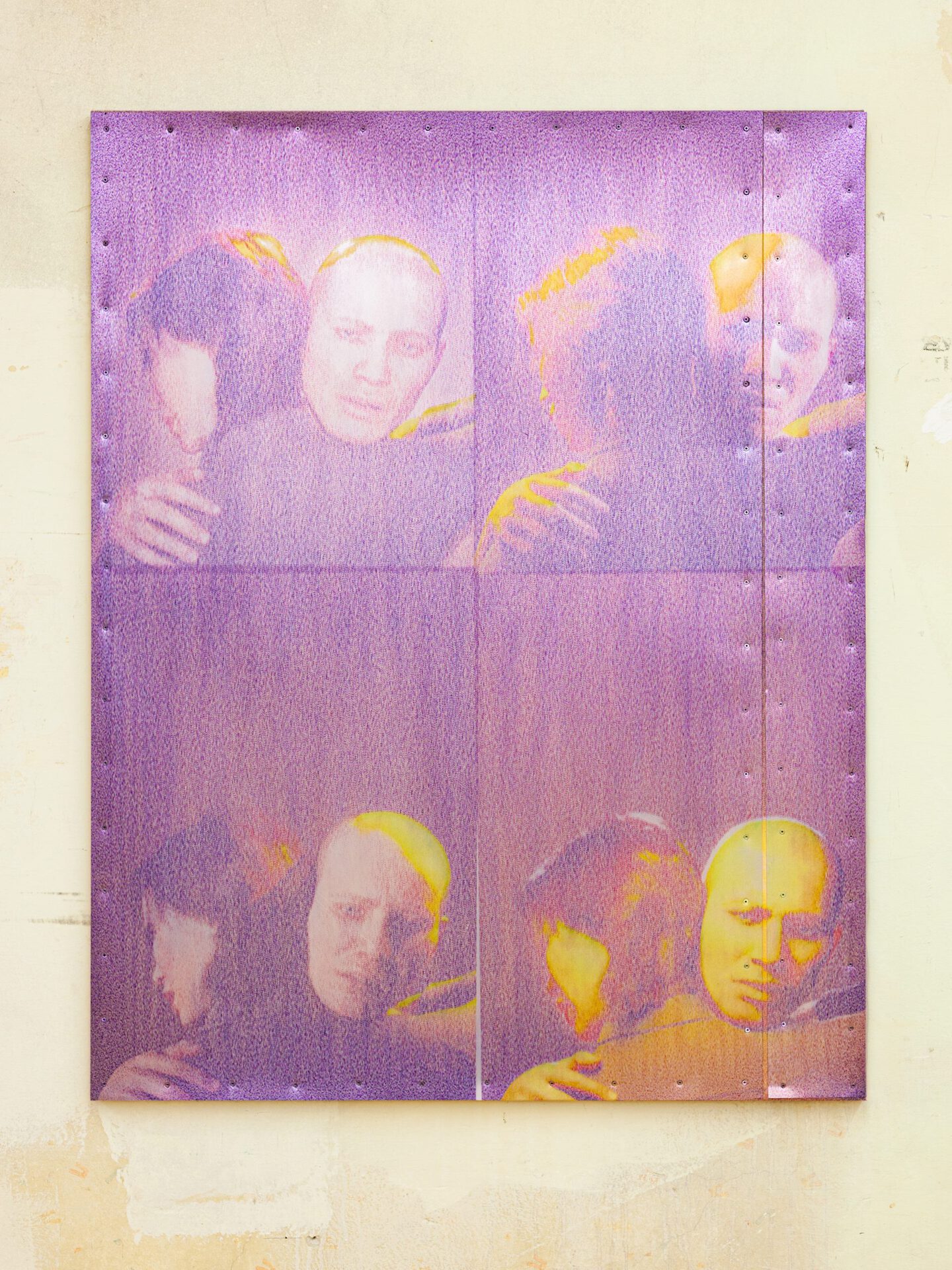 Malte Zander, Tash & Kaspar Hugging, Aluminum, Acrylics, UV print on canvas, 125 x 98 cm, 2022