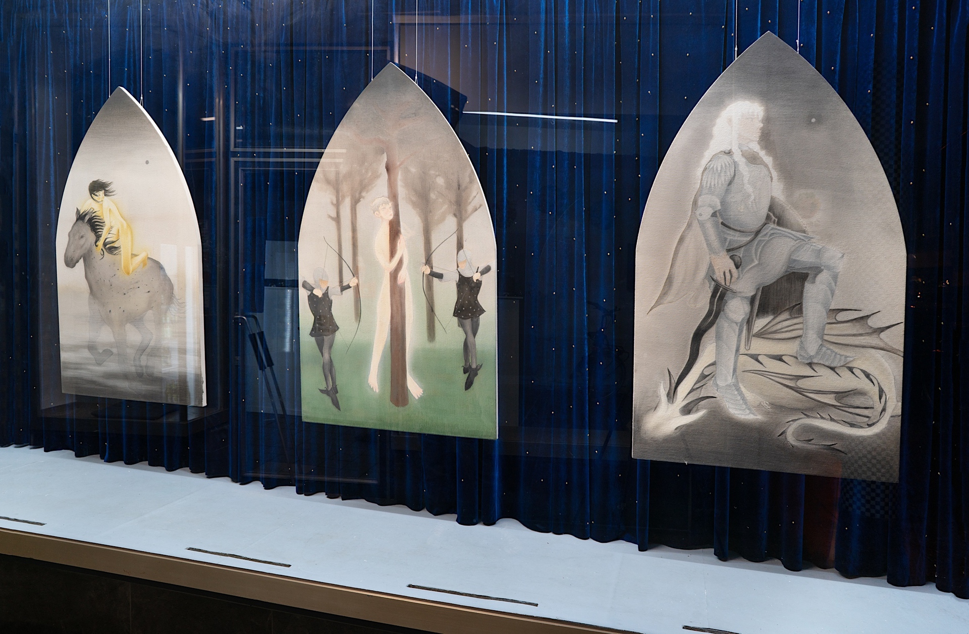 Øleg & Kaśka, "The banner of Rebirth" 2022, mixed media - left "Unity in Diversity" middle "Axis Mundi" right "The Glory"