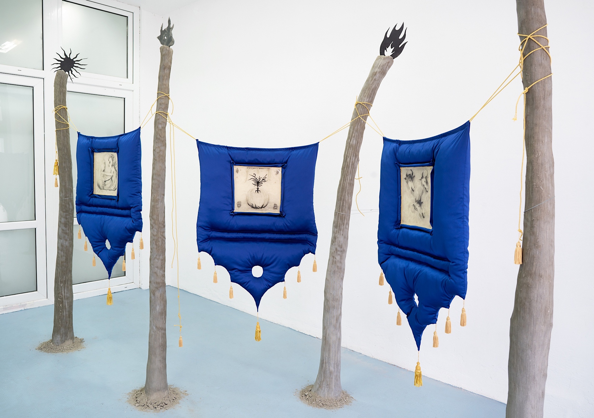 Øleg & Kaśka, "The banner of Rebirth" 2022, mixed media - left "Unity in Diversity" middle "Axis Mundi" right "The Glory"