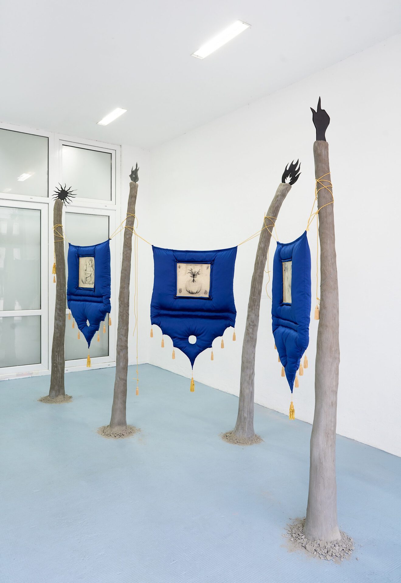 Øleg & Kaśka, "The banner of Rebirth" 2022, mixed media - left "Unity in Diversity" middle "Axis Mundi" right "The Glory"