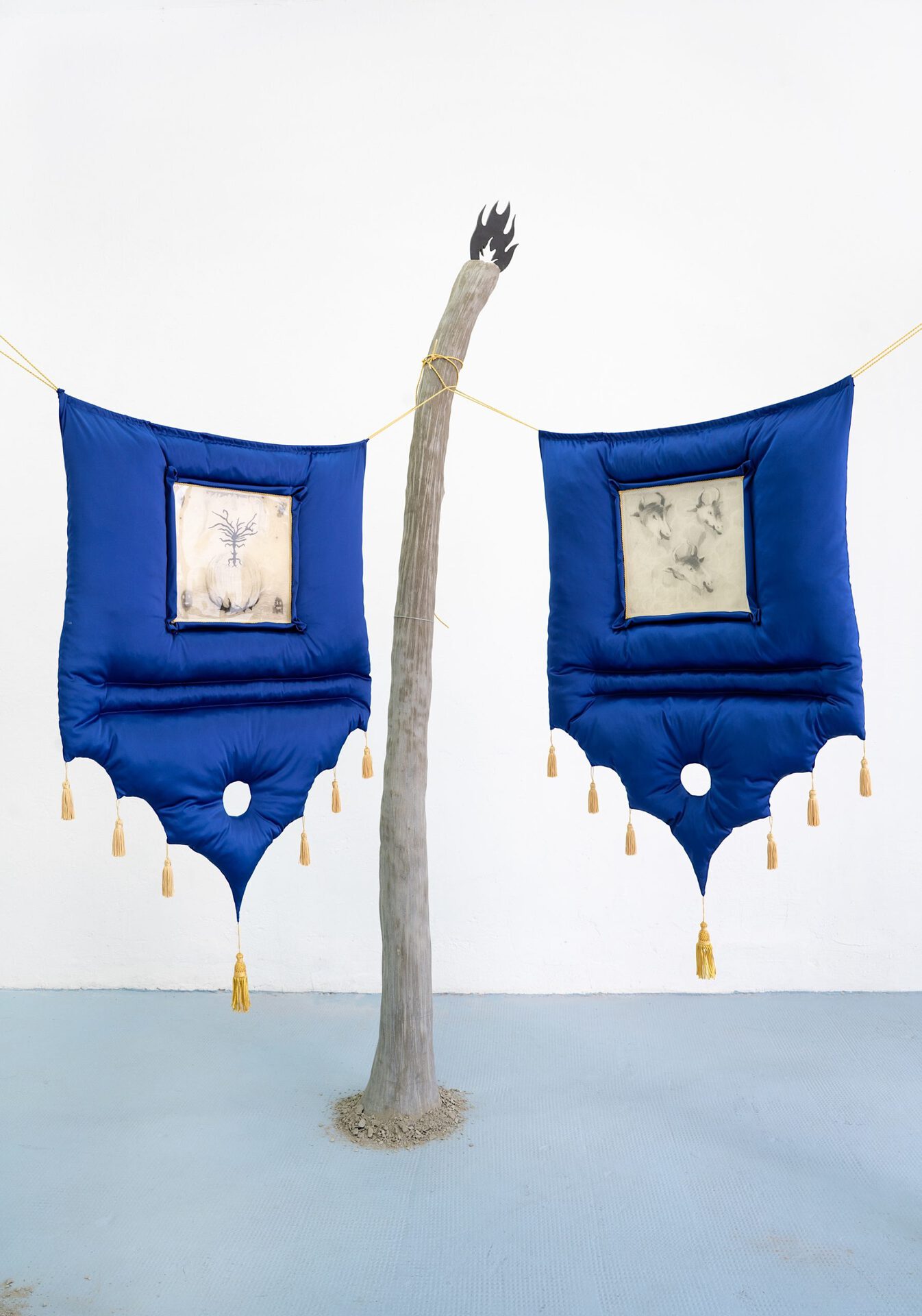 Øleg & Kaśka, "The banner of Rebirth" 2022, mixed media - left "Axis Mundi" right "The Glory"
