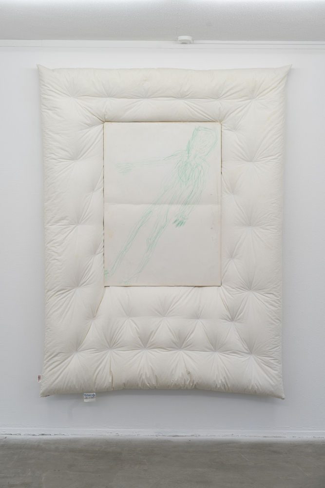 Sara Ursina Sjölin, Ursinas Selbstbildnis, Lenzerheide, Neujahr 1985, 2022, Kyburz duvet, color pencil on paper, wood