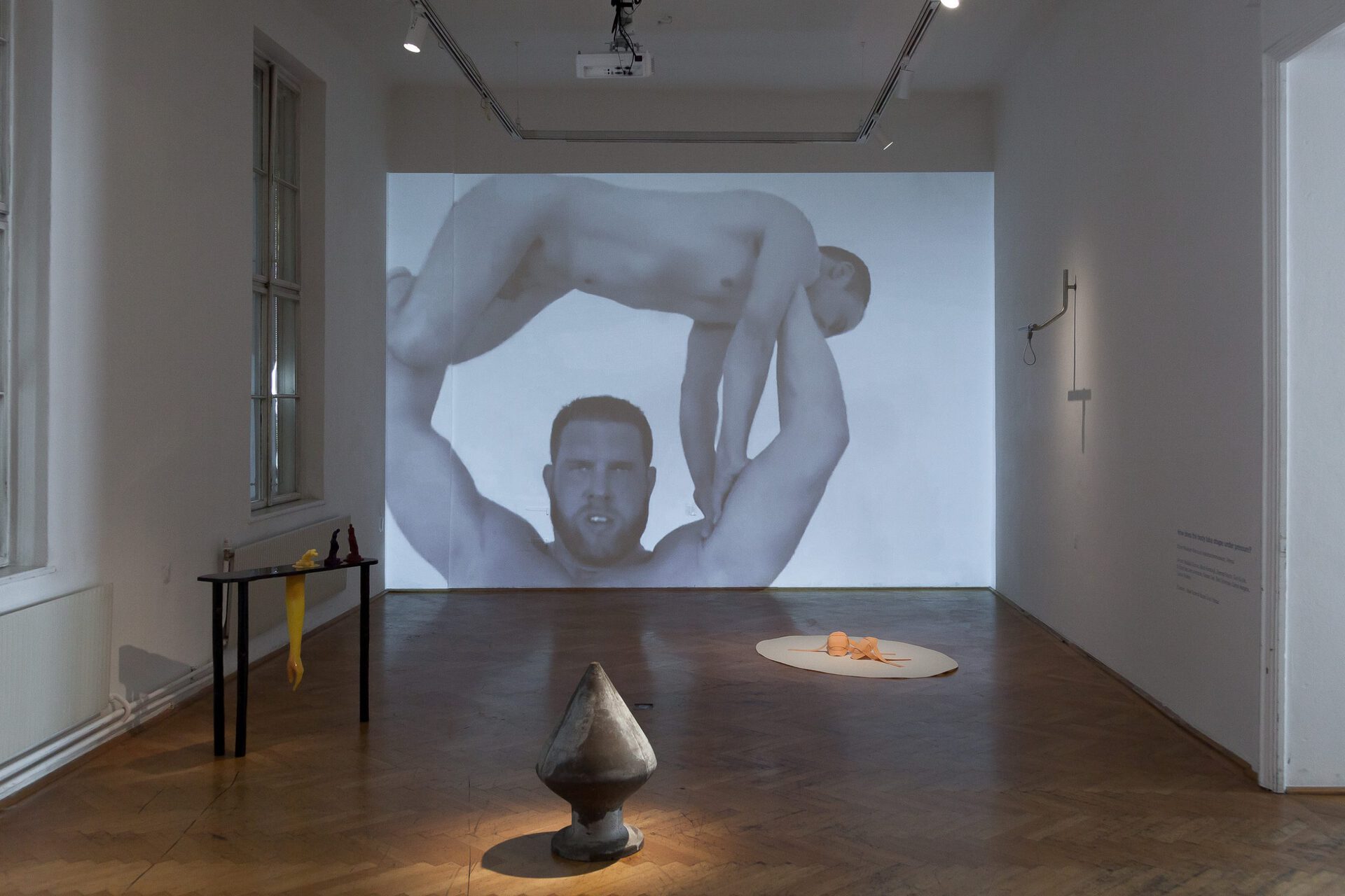 Exhibition view. From left to right: Natalia Gurova, In and Out (2022), Dorian Sarı, A&a (If art fails, thought fails, justice fails,…) (2019), Toni Schmale, bend over your boyfriend (2010), Can Küçük, Son (2020), Can Küçük, Centuries (2020).