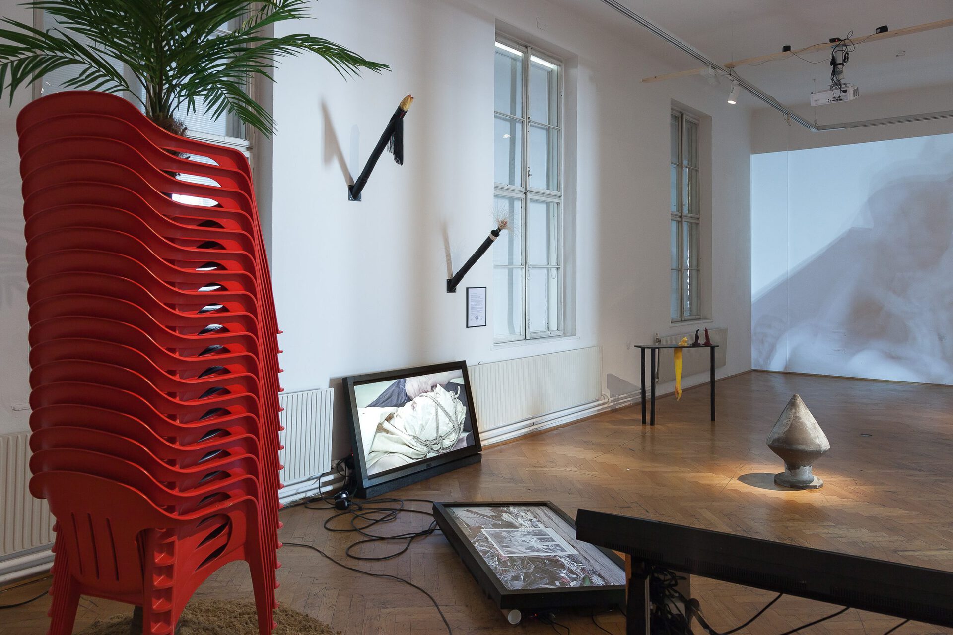 Exhibition view. From left to right: Carlos Vergara, Untitled (Caribbean Dreams) (2020/21), İz Öztat & Ann Antidote, Suspended (2019), Nihat Karataşlı, A Home to Dream of (2017), Natalia Gurova, In and Out (2022), Toni Schmale, bend over your boyfriend (2010), Dorian Sarı, A&a (If art fails, thought fails, justice fails,…) (2019).