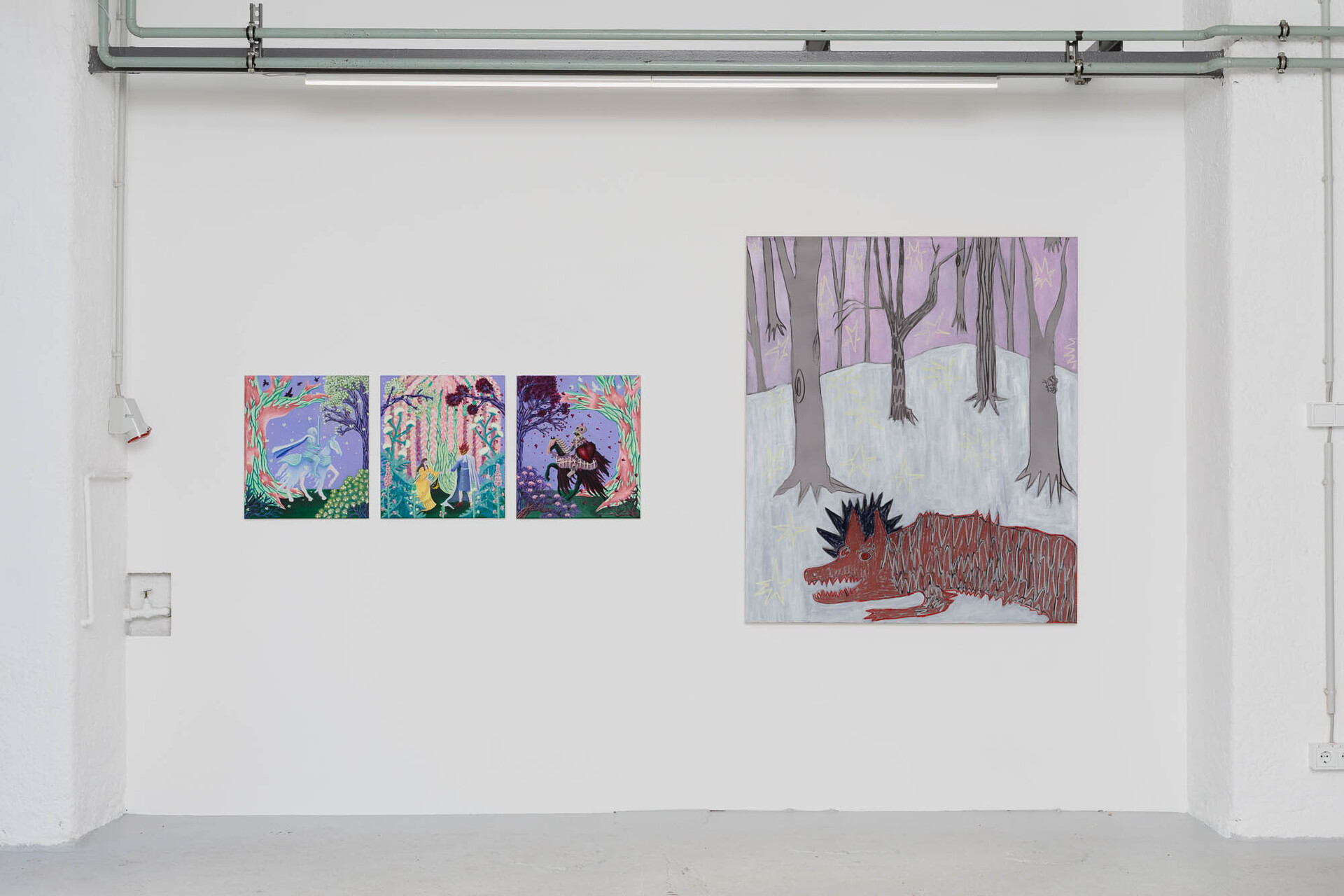 Jimmy Vuong, Vermählung ohne die Gunst der Anderen, 52x 135 cm, Oil on canvas, 2022; Boris Saccone, Heiliges Biest, 140 x 120 cm, Oil, charcoal and pastel on canvas, 2022 (left to right)