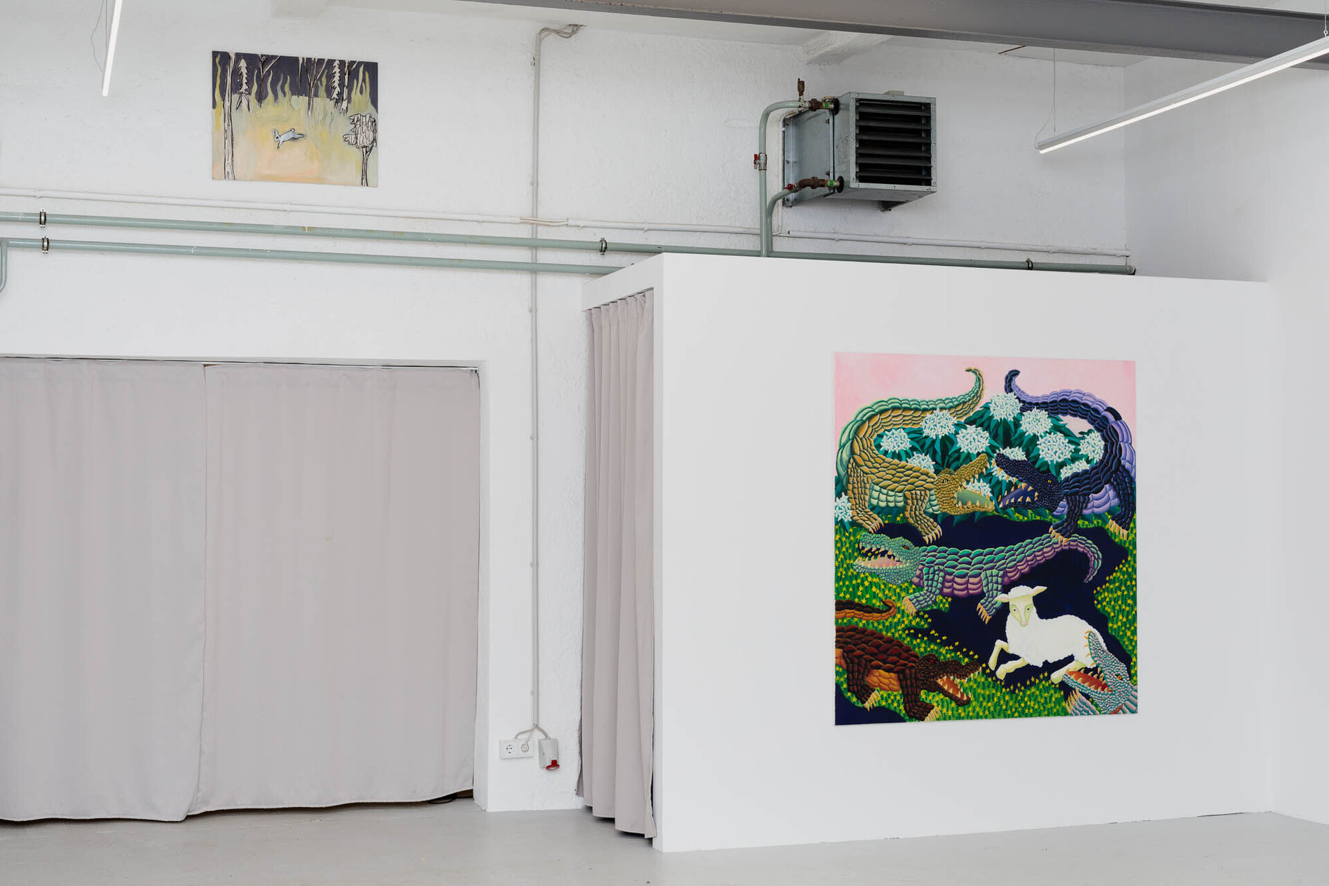 Boris Saccone, Lauf Hase, 58 x 74.5 cm, Oil and charcoal on canvas, 2022; Jimmy Vuong, Trostlos, Herzlos und Hoffnungslos, Oil on canvas,160 x 150 cm, 2022 (left to right)