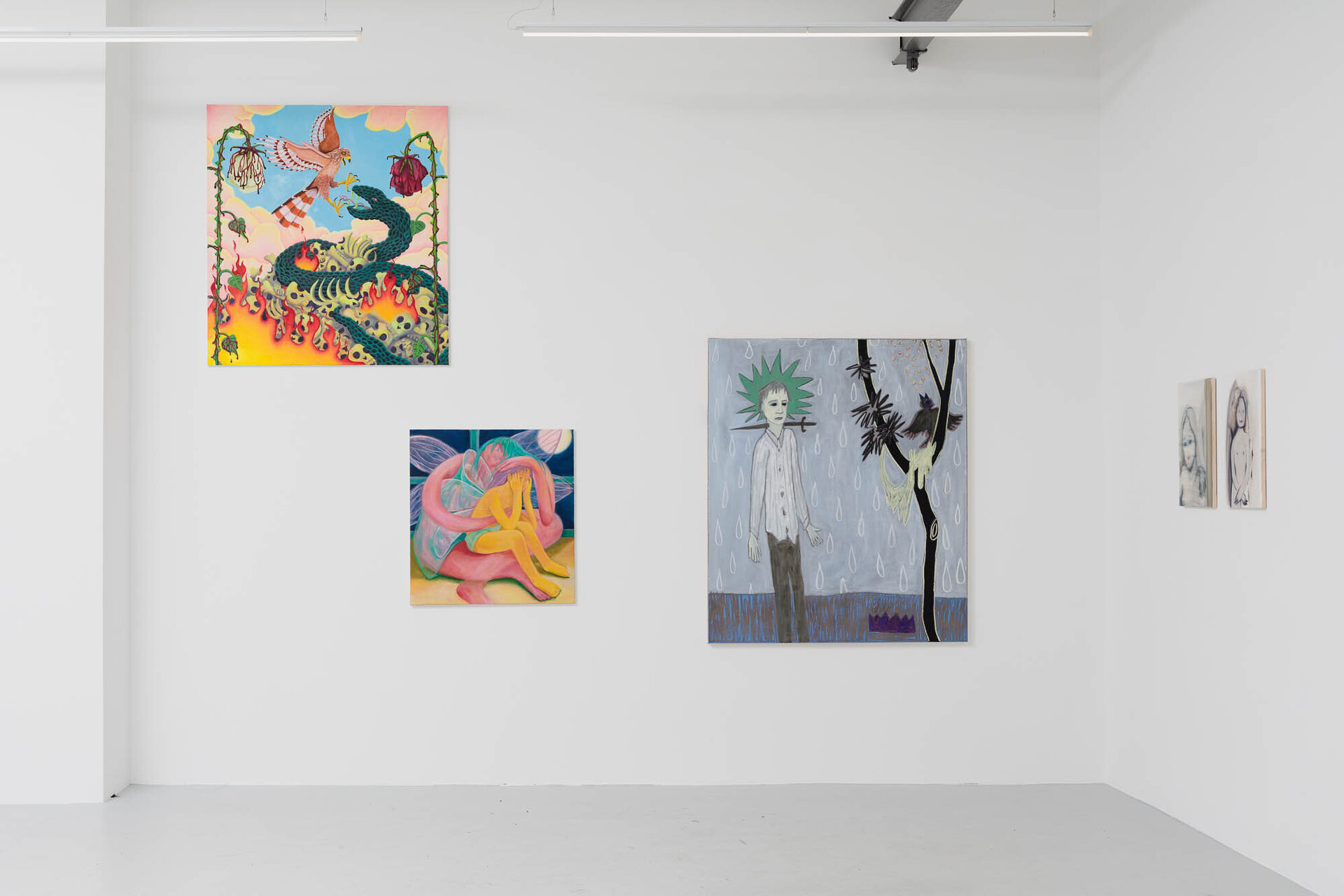 Jimmy Vuong, Die Ambition über Leichen zu gehen, Oil on canavs, 120 x 110 cm, 2022; Hannah Jeong, First Wing, 80 x 70 cm, Oil on canvas, 2022; Boris Saccone, Aquilin, 140 x 120 cm, Oil, charcoal and pastel on canvas, 2022; Sarah Neumann, Traum I, 50 x 40 cm, Oil and oil pastel on canvas, 2022; Sarah Neumann, Traum I I, 50 x 40 cm, Oil and oil pastel on canvas, 2022 (left to right)