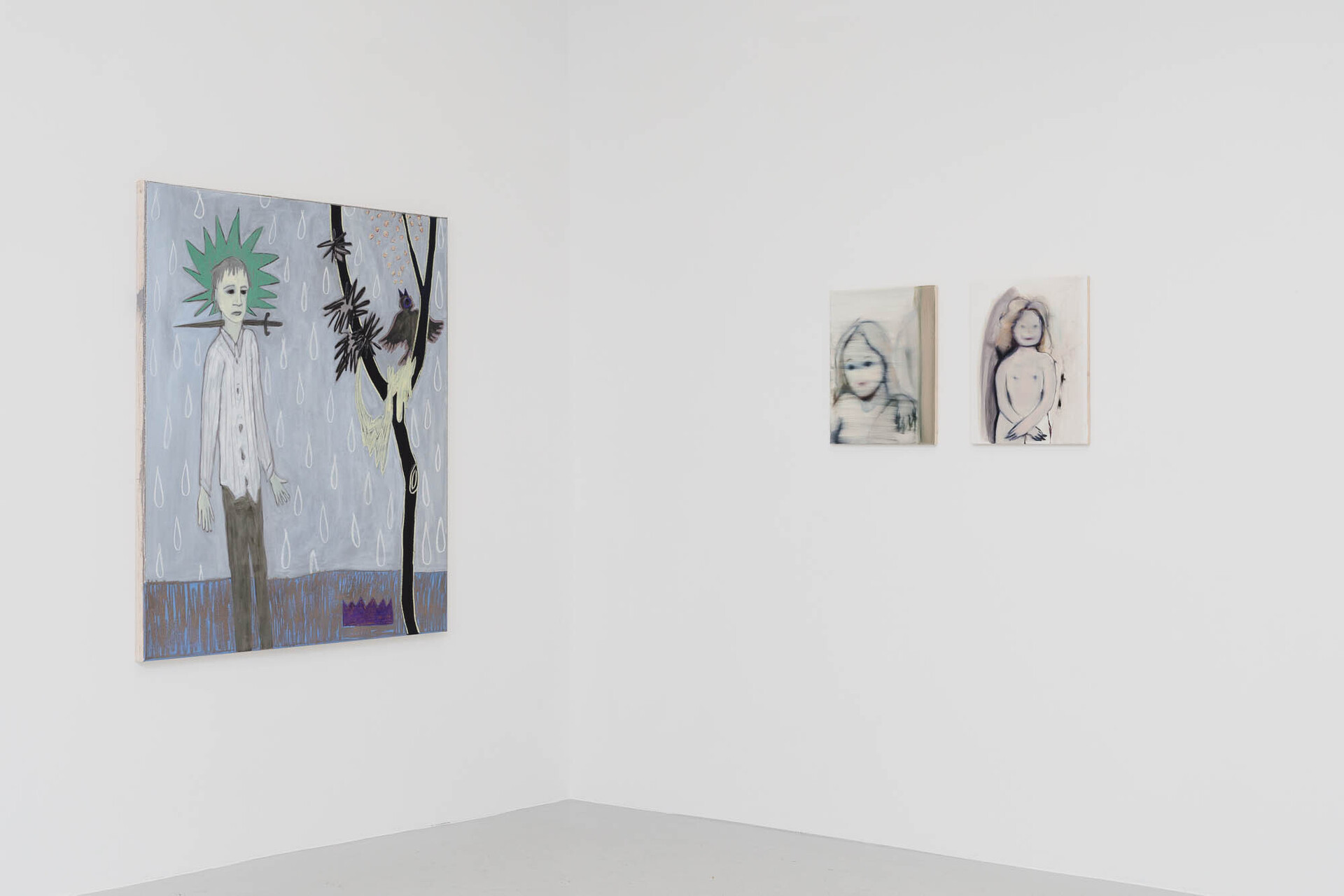 Boris Saccone, Aquilin, 140 x 120 cm, Oil, charcoal and pastel on canvas, 2022; Sarah Neumann, Traum I, 50 x 40 cm; Traum I I, 50 x 40 cm, Oil and oil pastel on canvas, 2022 (left to right