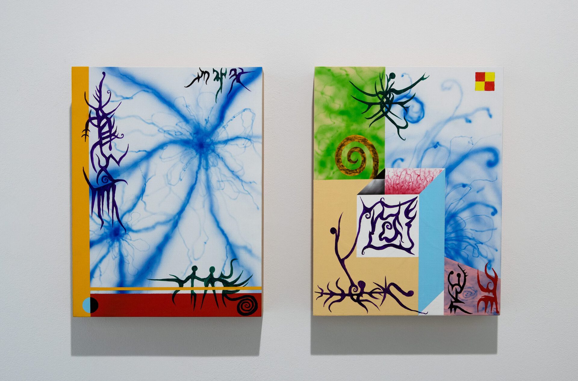 Installation View, Manutcher Milani, Free Jazz #1 & #2 Oil and acrylic on wood, 30cm x 40cm x 8cm | 2021