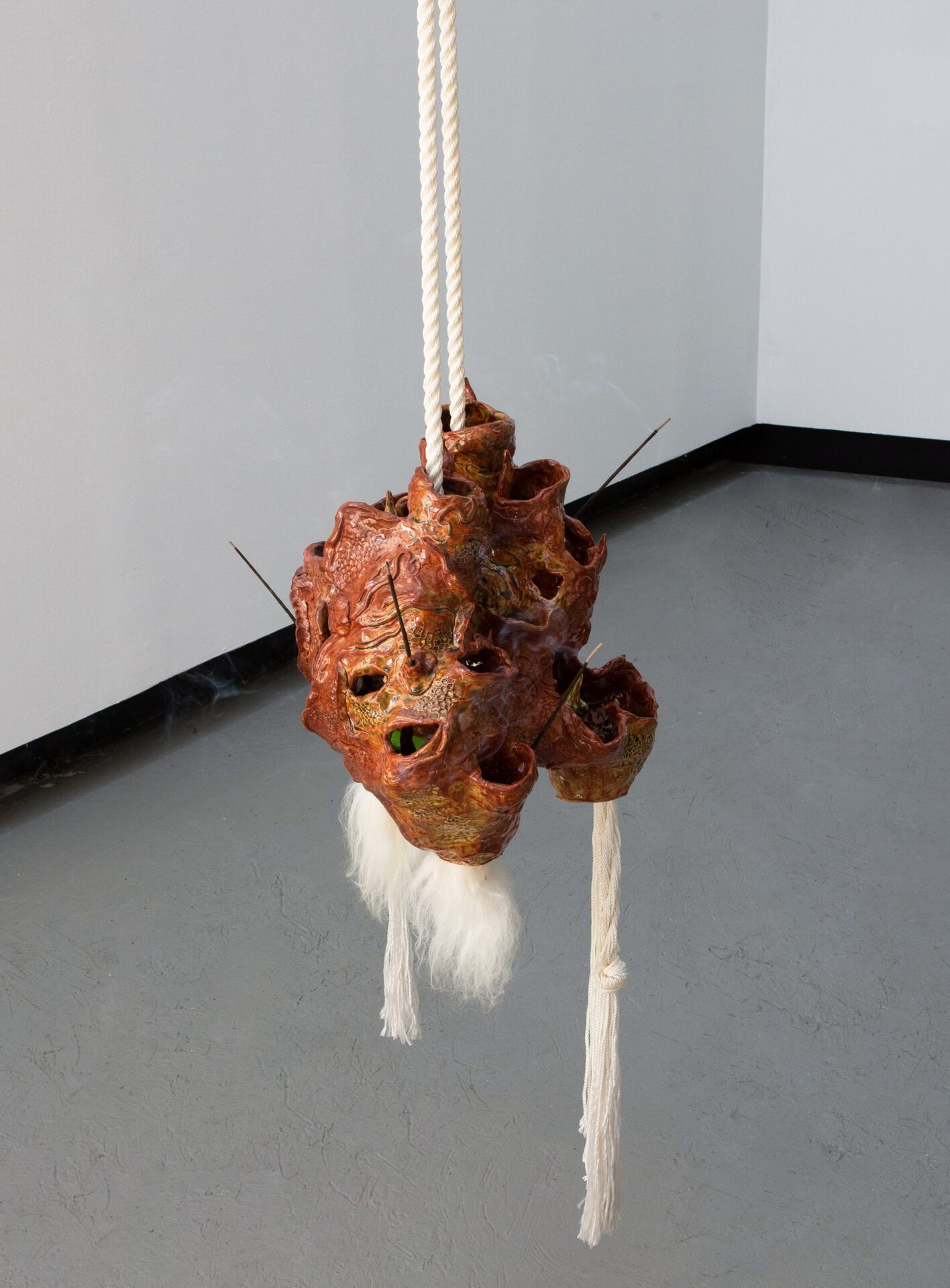 Maya Hottarek, Today I offer you everything Ceramic, sheep hair, incense sticks, lighter, 33 x 40 x 36 cm | 2021
