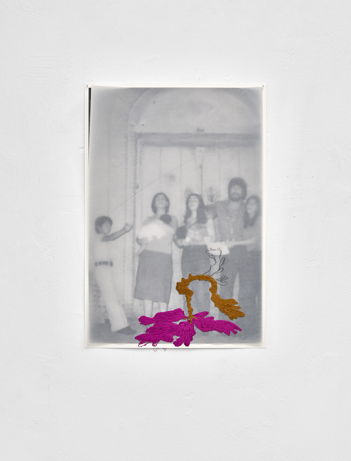 Elisaveta Braslavskaja, Knife and Comb I, 2022, Inkjet print on paper, drawing on transparent paper, yarn, 45x31 cm