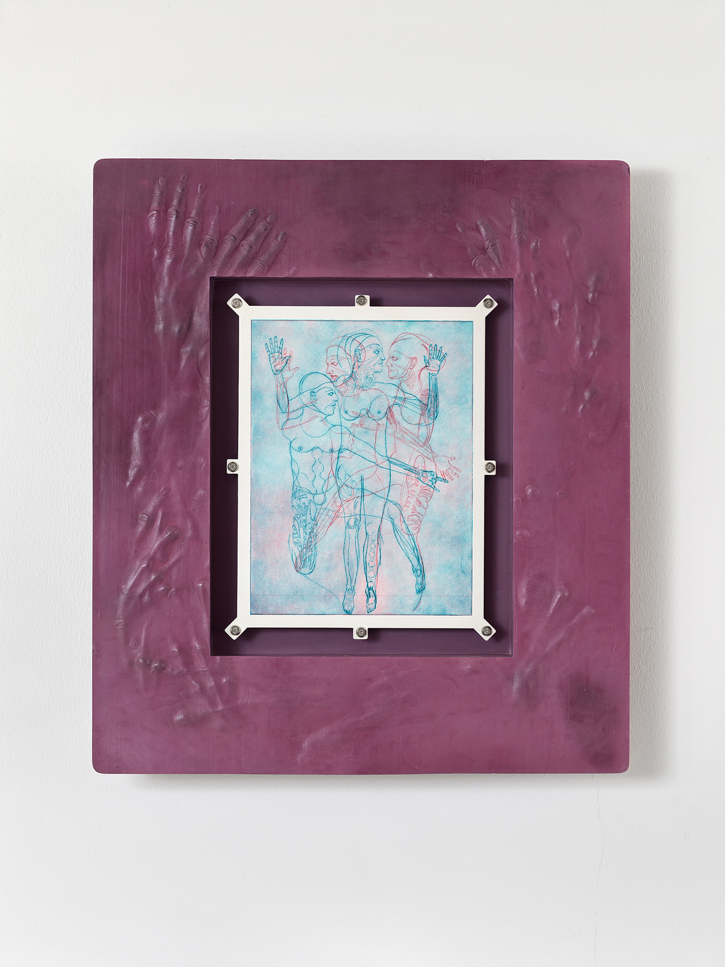 Lukas Schmenger, untitled (Frenetic Youth), 2022, drypoint etching, screws, acrylic resin, pigment, glas, 81x71x7 cm.