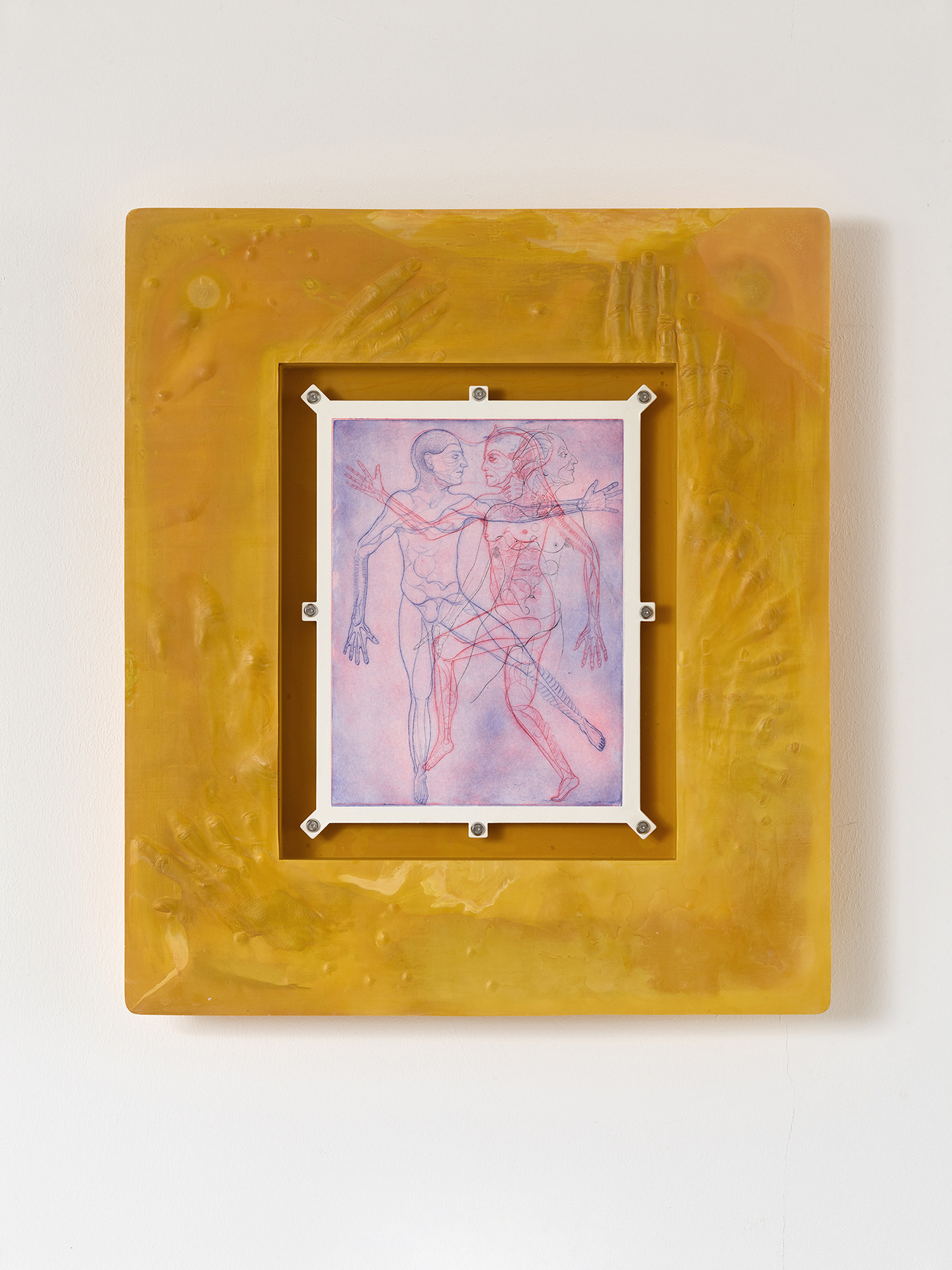 Lukas Schmenger, untitled (Frenetic Youth), 2022, drypoint etching, screws, acrylic resin, pigment, glas, 81x71x7 cm..