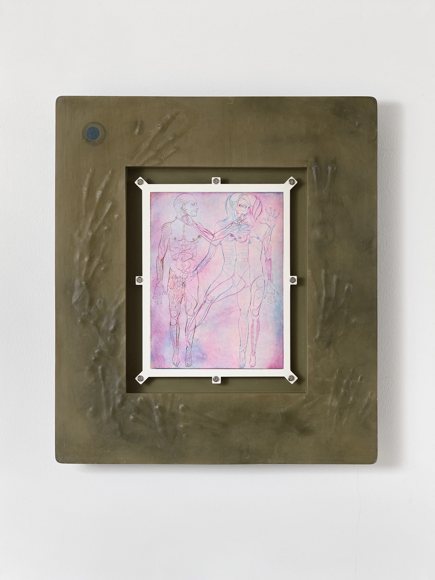 Lukas Schmenger, untitled (Frenetic Youth), 2022, drypoint etching, screws, acrylic resin, pigment, glas, 81x71x7 cm