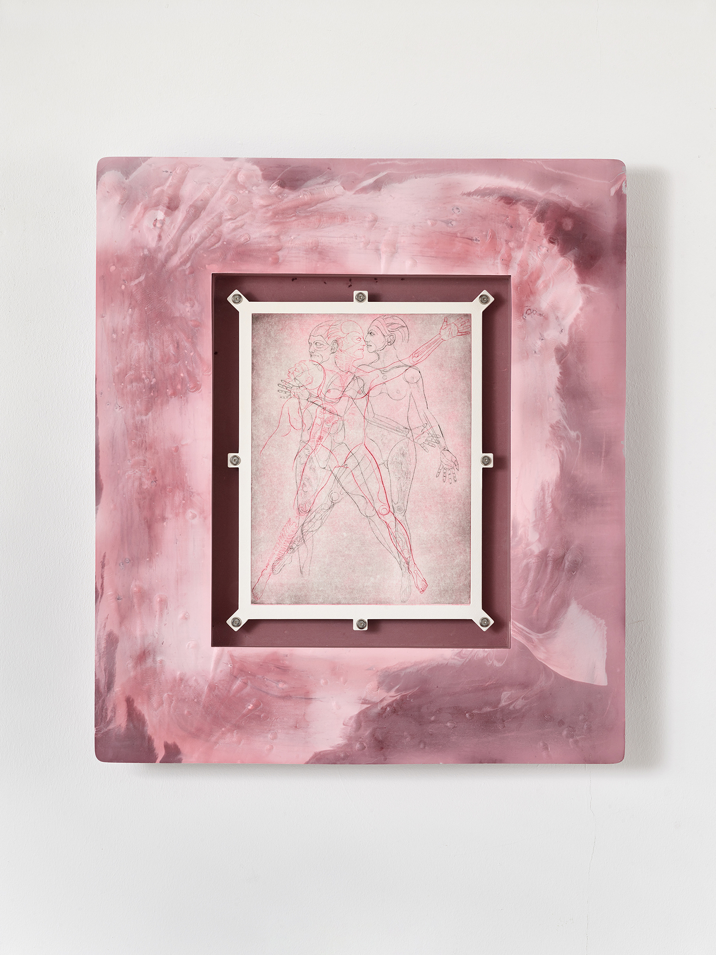 Lukas Schmenger, untitled (Frenetic Youth), 2022, drypoint etching, screws, acrylic resin, pigment, glas, 81x71x7 cm