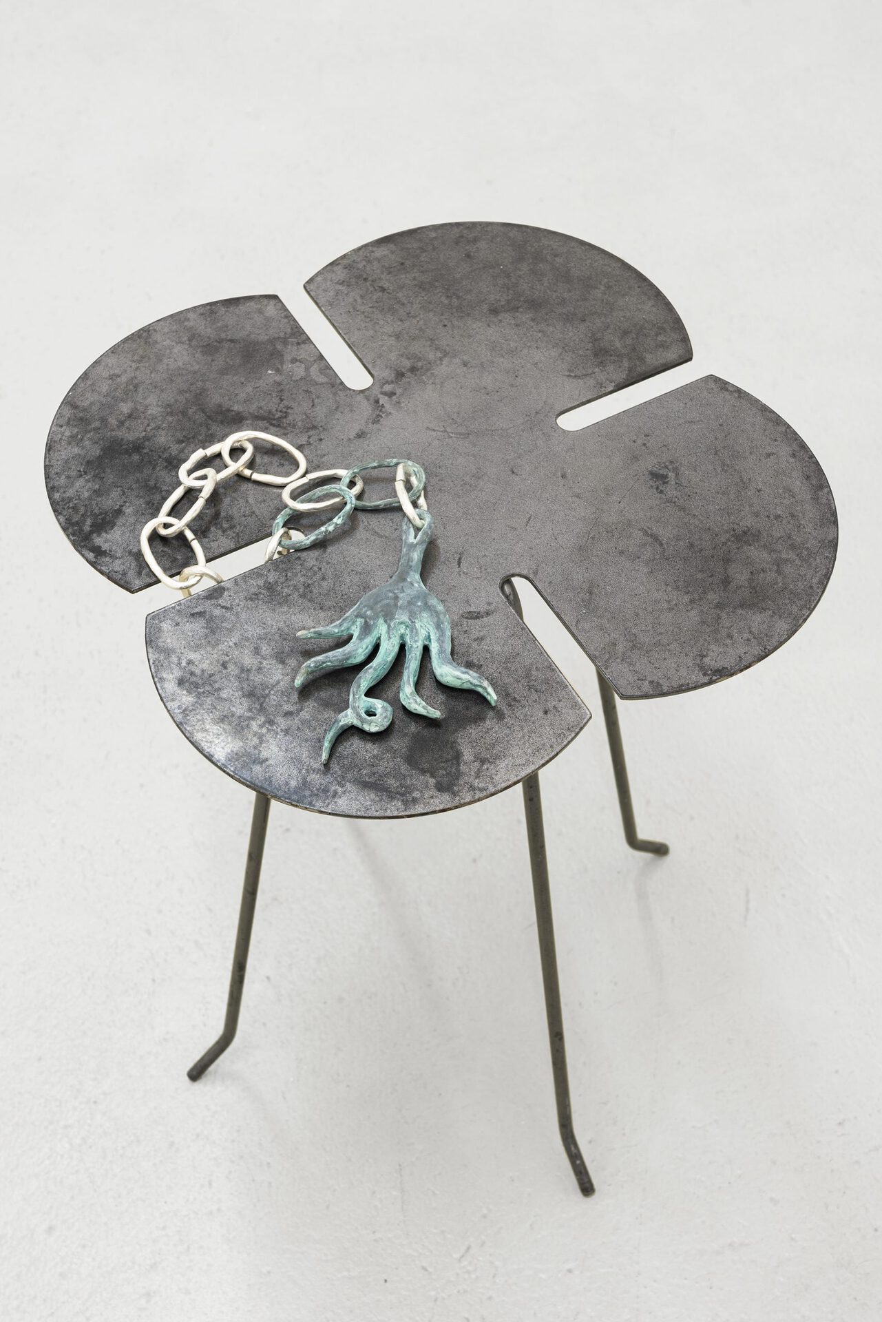 Marie-Michelle Deschamps, I See / You Mean, 2022 found steel table patinated bronze, sterling silver 53 cm x 43 cm x 43 cm