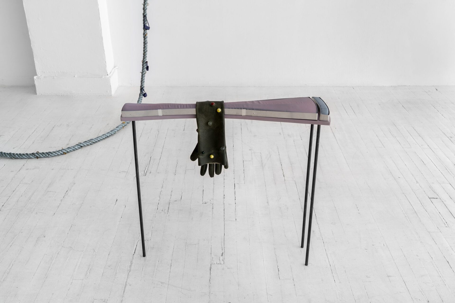 Kyle Alden Martens, Suit Jacket Table 2, 2022, suit jacket lining, leather, marbles, foam, aluminum, steel, mdf, thread, variable dimensions