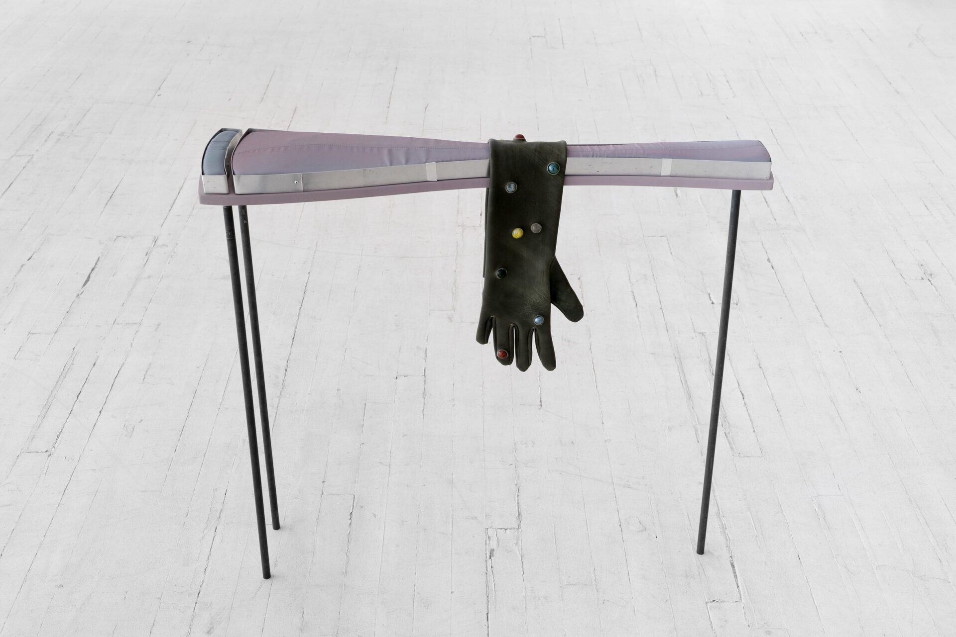 Kyle Alden Martens, Suit Jacket Table 2, 2022, suit jacket lining, leather, marbles, foam, aluminum, steel, mdf, cotton thread, variable dimensions