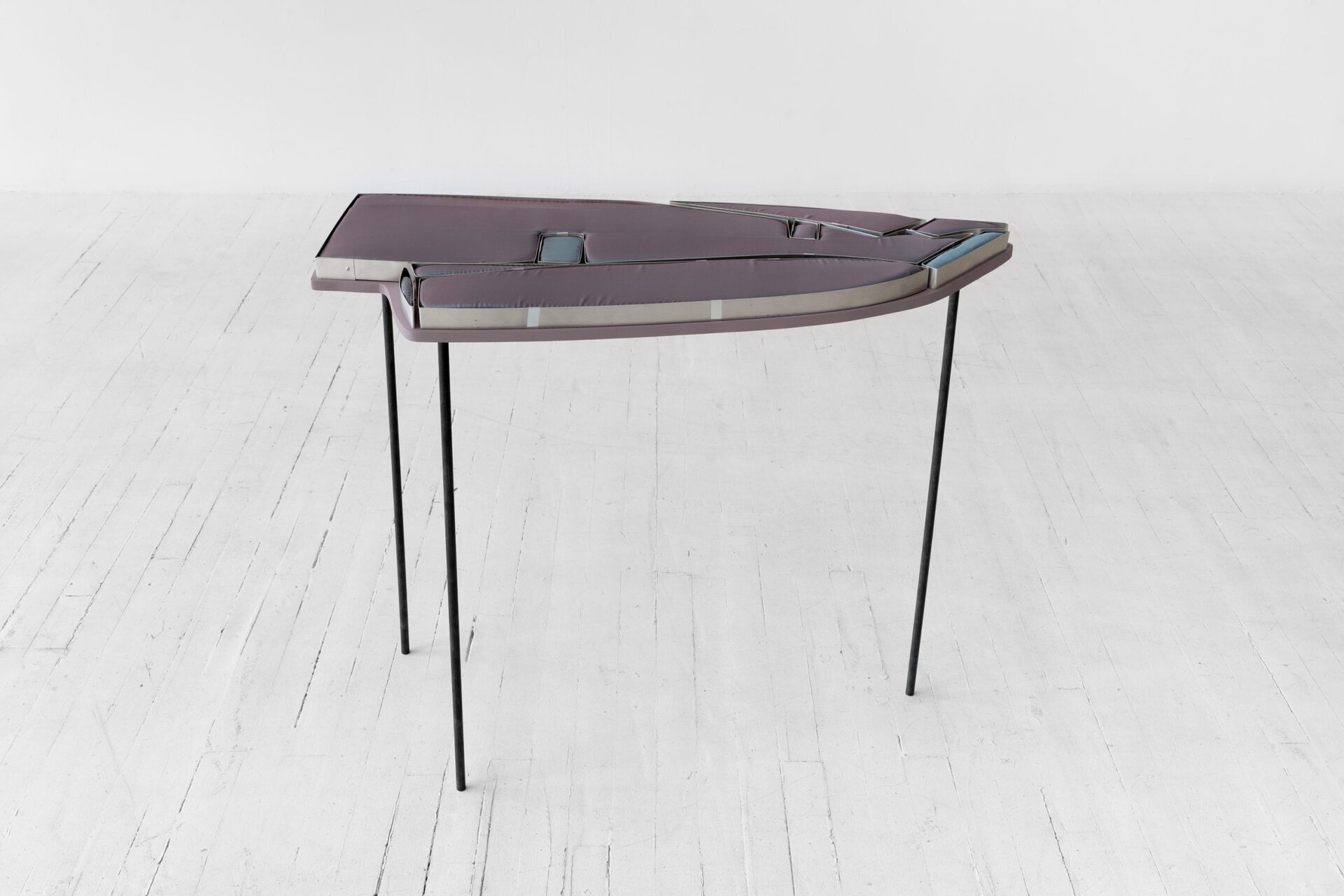 Kyle Alden Martens, Suit Jacket Table 3, 2022, suit jacket lining, aluminum, steel, mdf, thread, variable dimensions