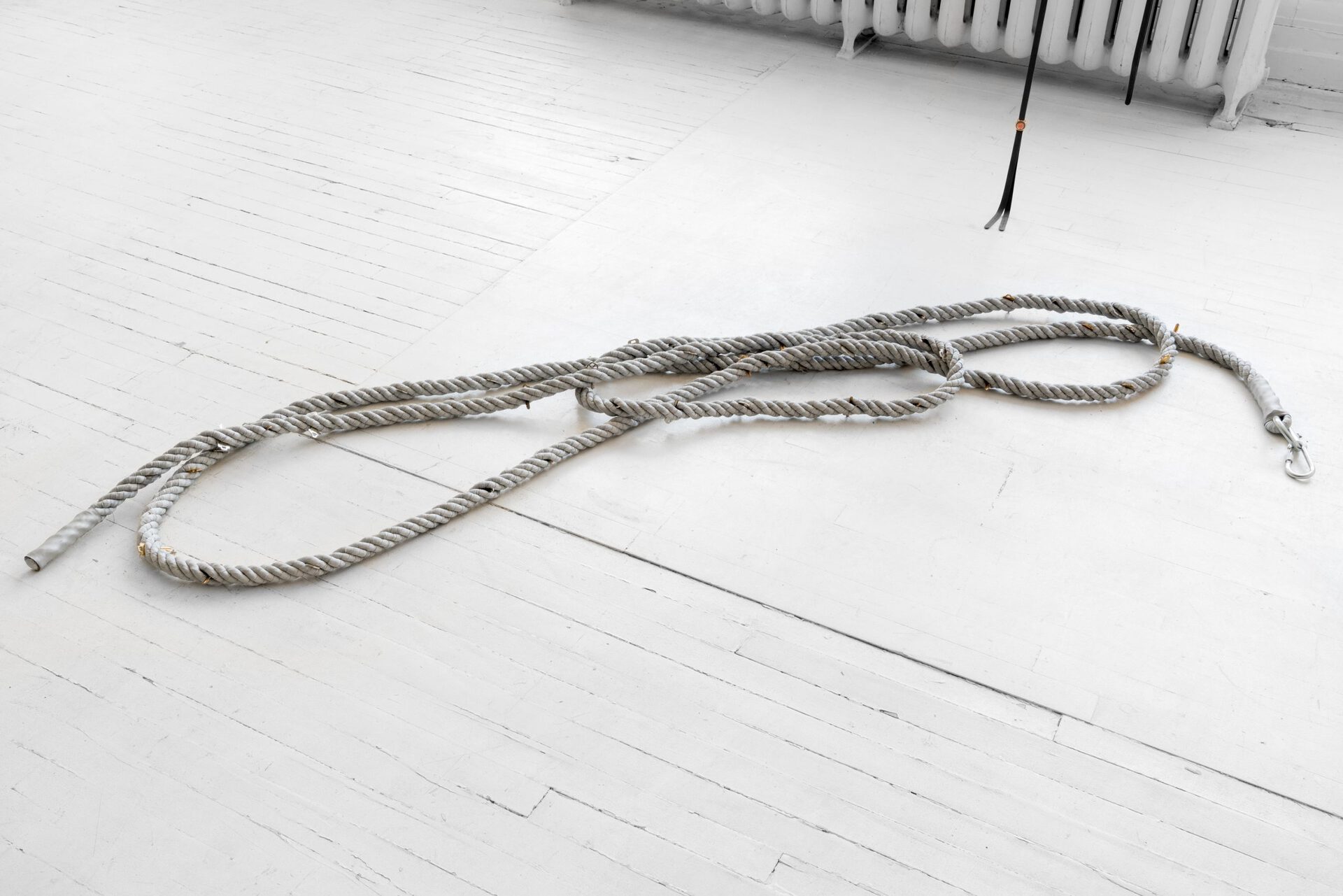 Kyle Alden Martens, Silver Silk Rope, 2022, rope, silk, keys, variable dimensions